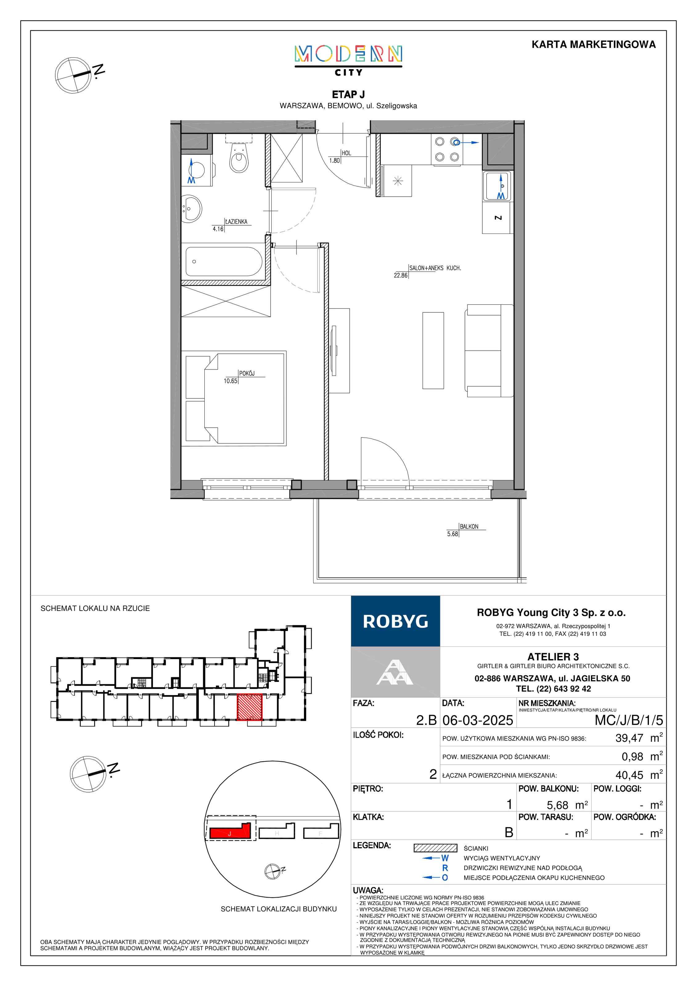 2 pokoje, mieszkanie 39,47 m², piętro 1, oferta nr MC/J/B/1/5, Modern City etap J, Warszawa, Bemowo, Chrzanów, ul. Szeligowska