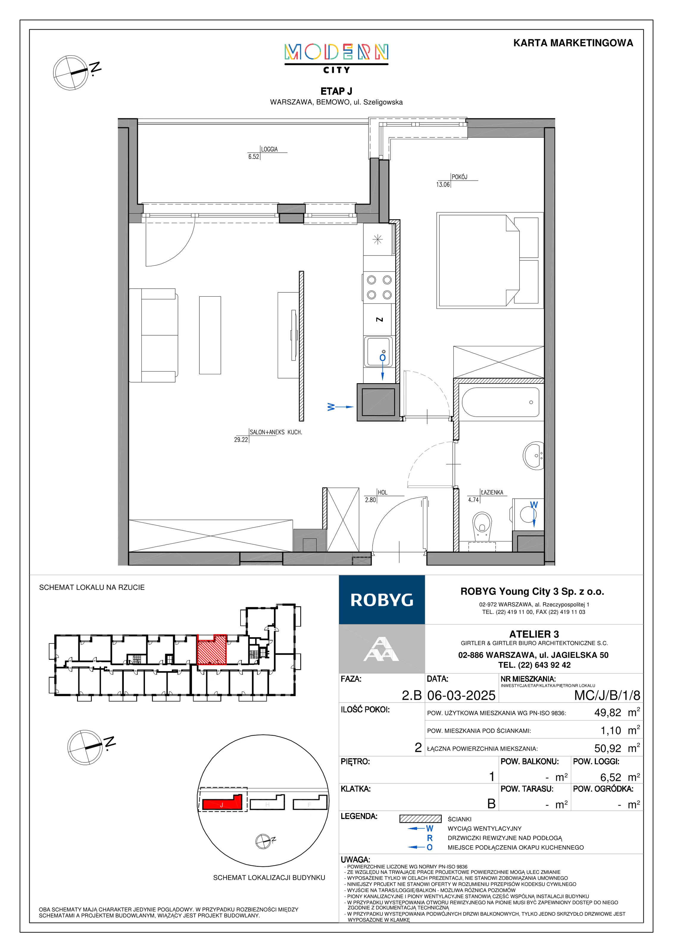 2 pokoje, mieszkanie 49,82 m², piętro 1, oferta nr MC/J/B/1/8, Modern City etap J, Warszawa, Bemowo, Chrzanów, ul. Szeligowska