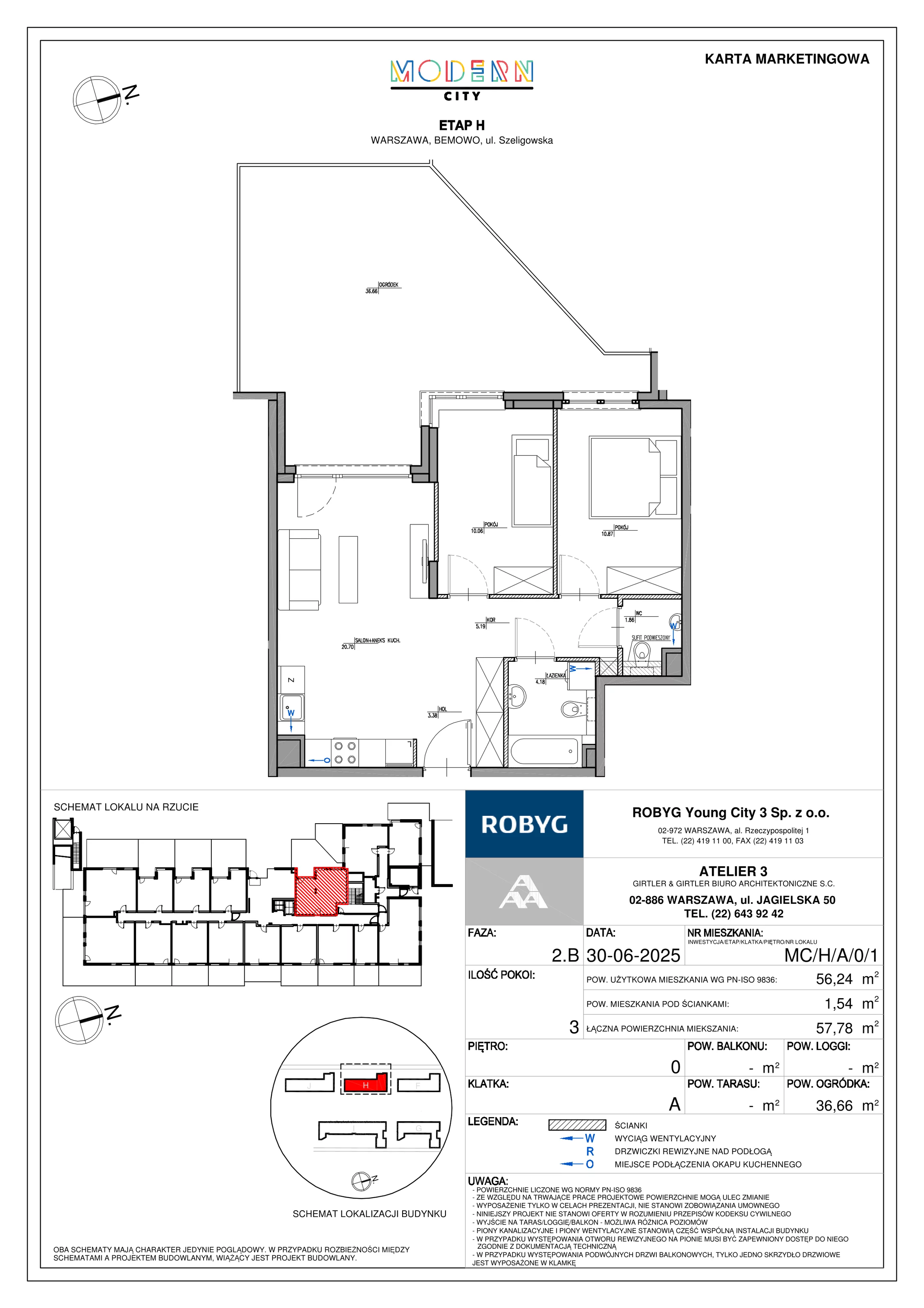 3 pokoje, mieszkanie 56,24 m², parter, oferta nr MC/H/A/0/1, Modern City etap H, Warszawa, Bemowo, Chrzanów, ul. Szeligowska