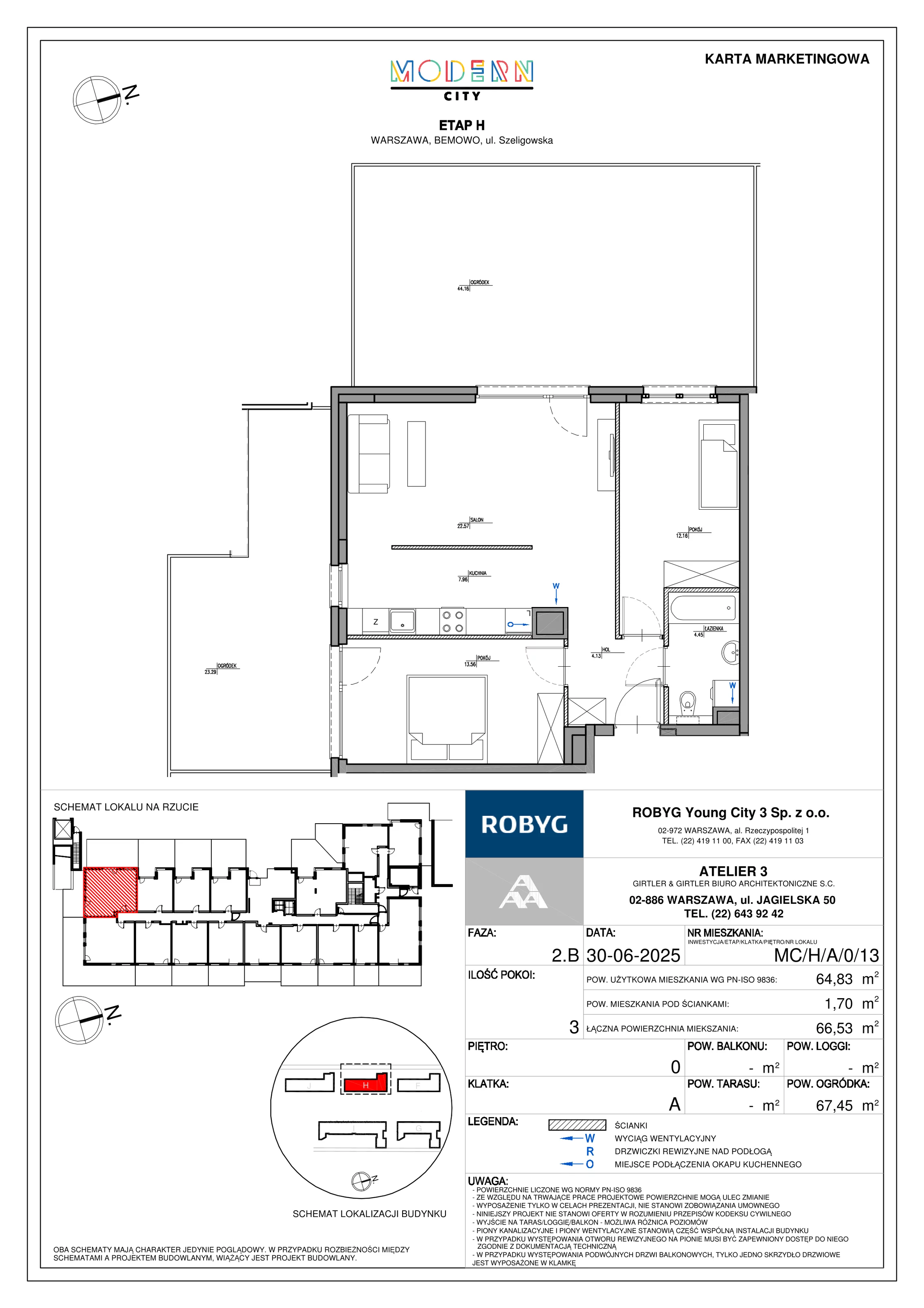 3 pokoje, mieszkanie 64,83 m², parter, oferta nr MC/H/A/0/13, Modern City etap H, Warszawa, Bemowo, Chrzanów, ul. Szeligowska