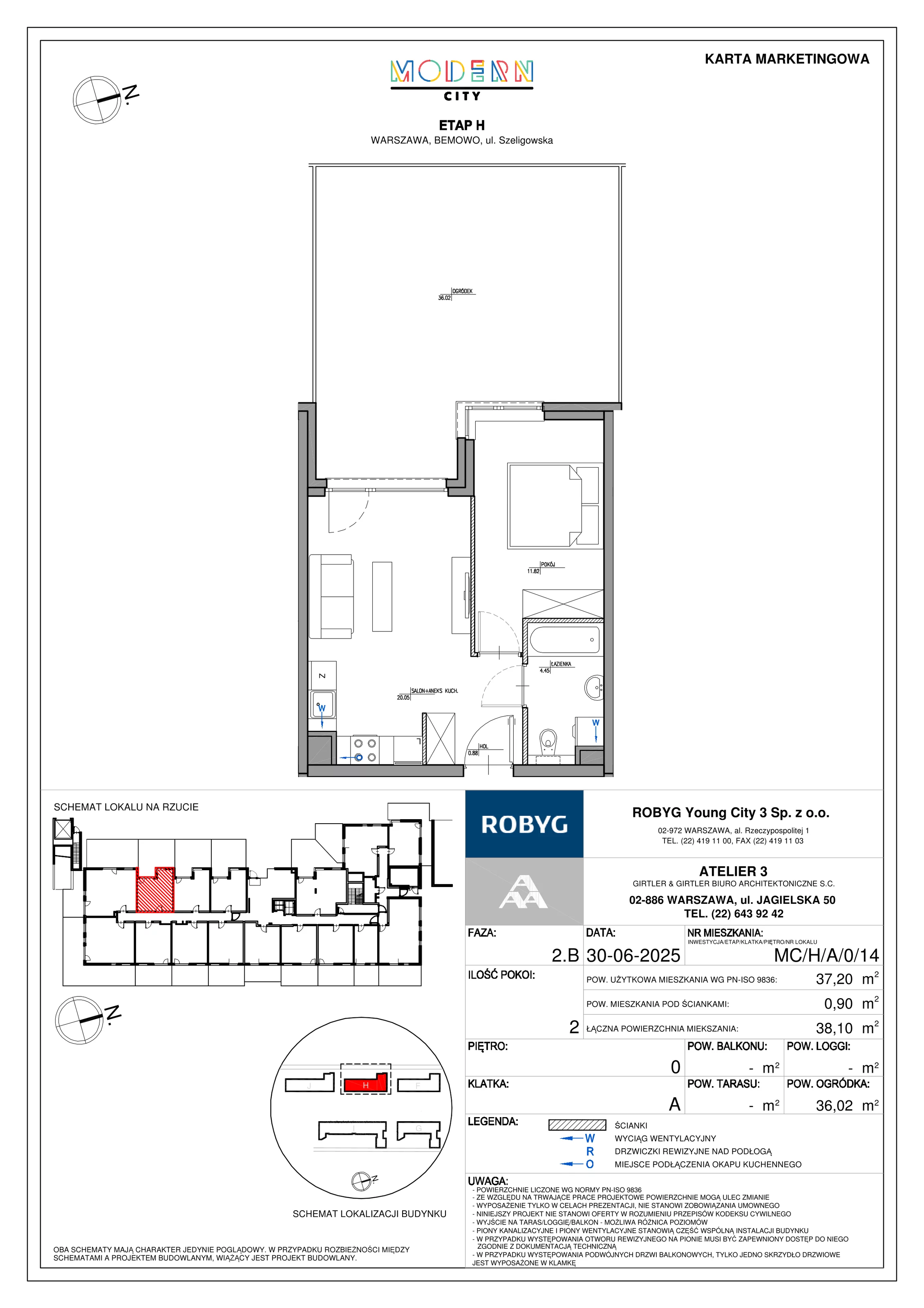 2 pokoje, mieszkanie 37,20 m², parter, oferta nr MC/H/A/0/14, Modern City etap H, Warszawa, Bemowo, Chrzanów, ul. Szeligowska