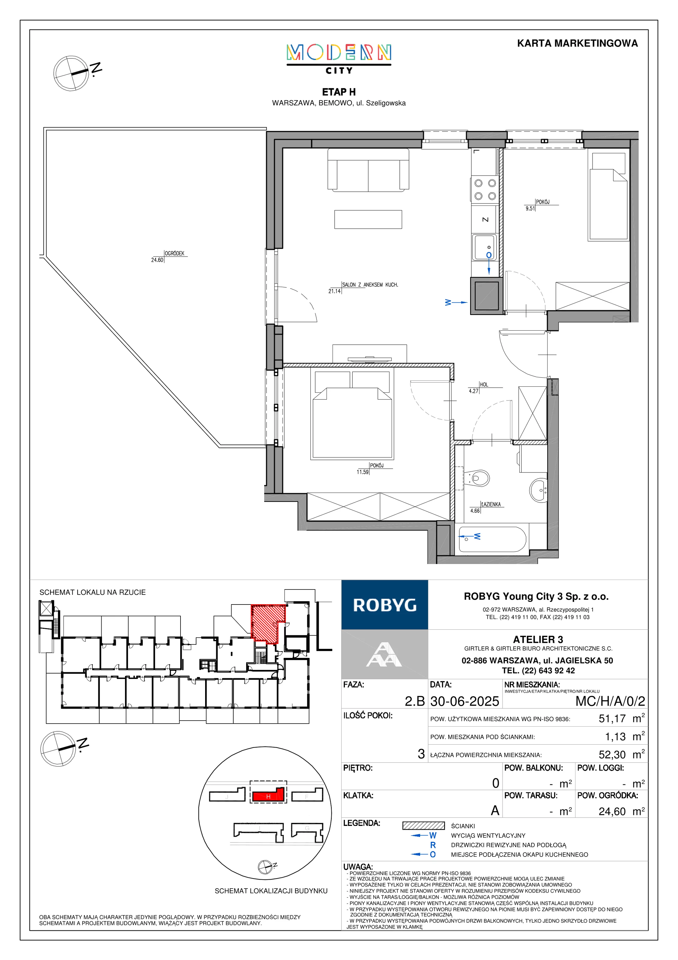 3 pokoje, mieszkanie 51,17 m², parter, oferta nr MC/H/A/0/2, Modern City etap H, Warszawa, Bemowo, Chrzanów, ul. Szeligowska