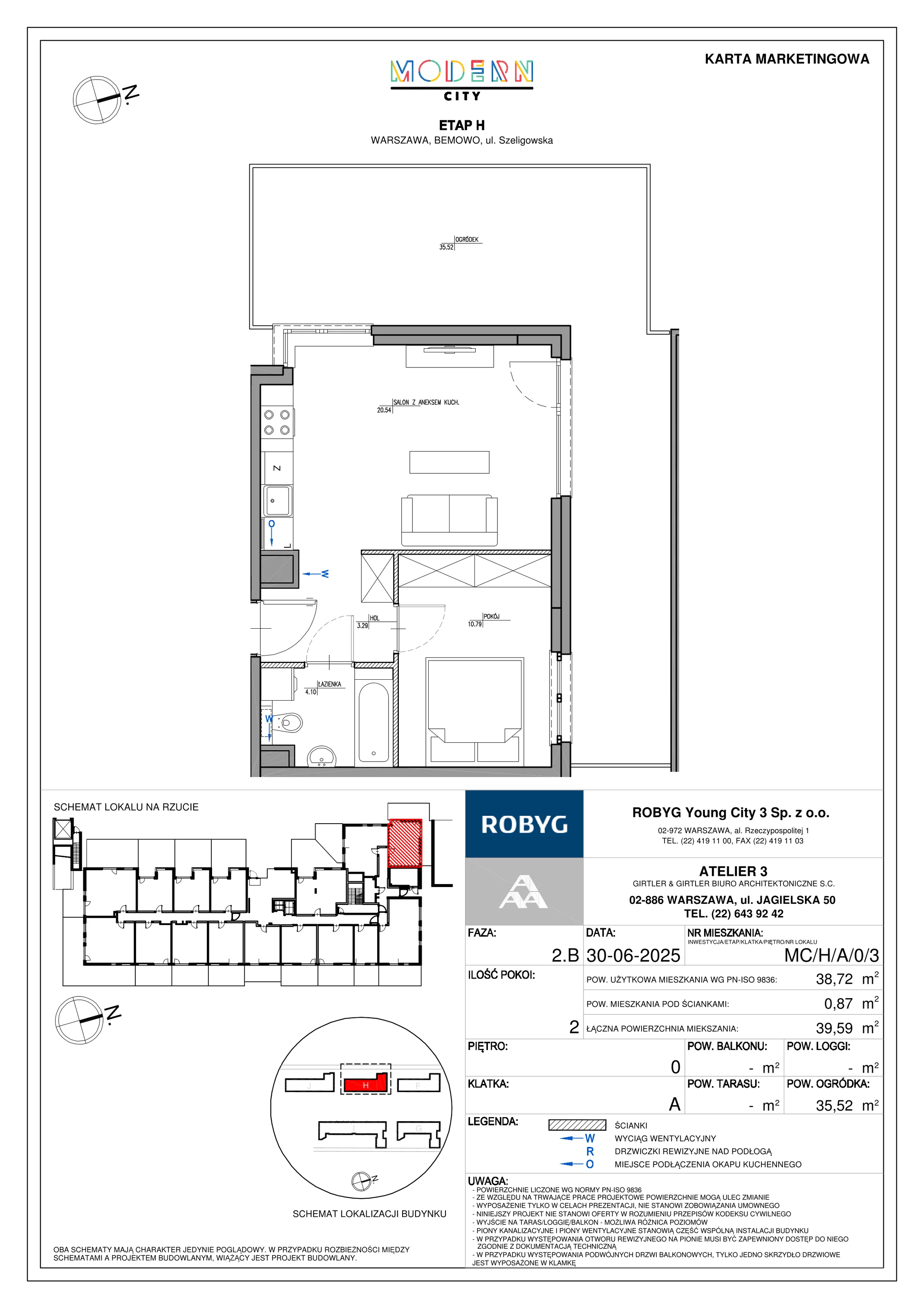 2 pokoje, mieszkanie 38,72 m², parter, oferta nr MC/H/A/0/3, Modern City etap H, Warszawa, Bemowo, Chrzanów, ul. Szeligowska