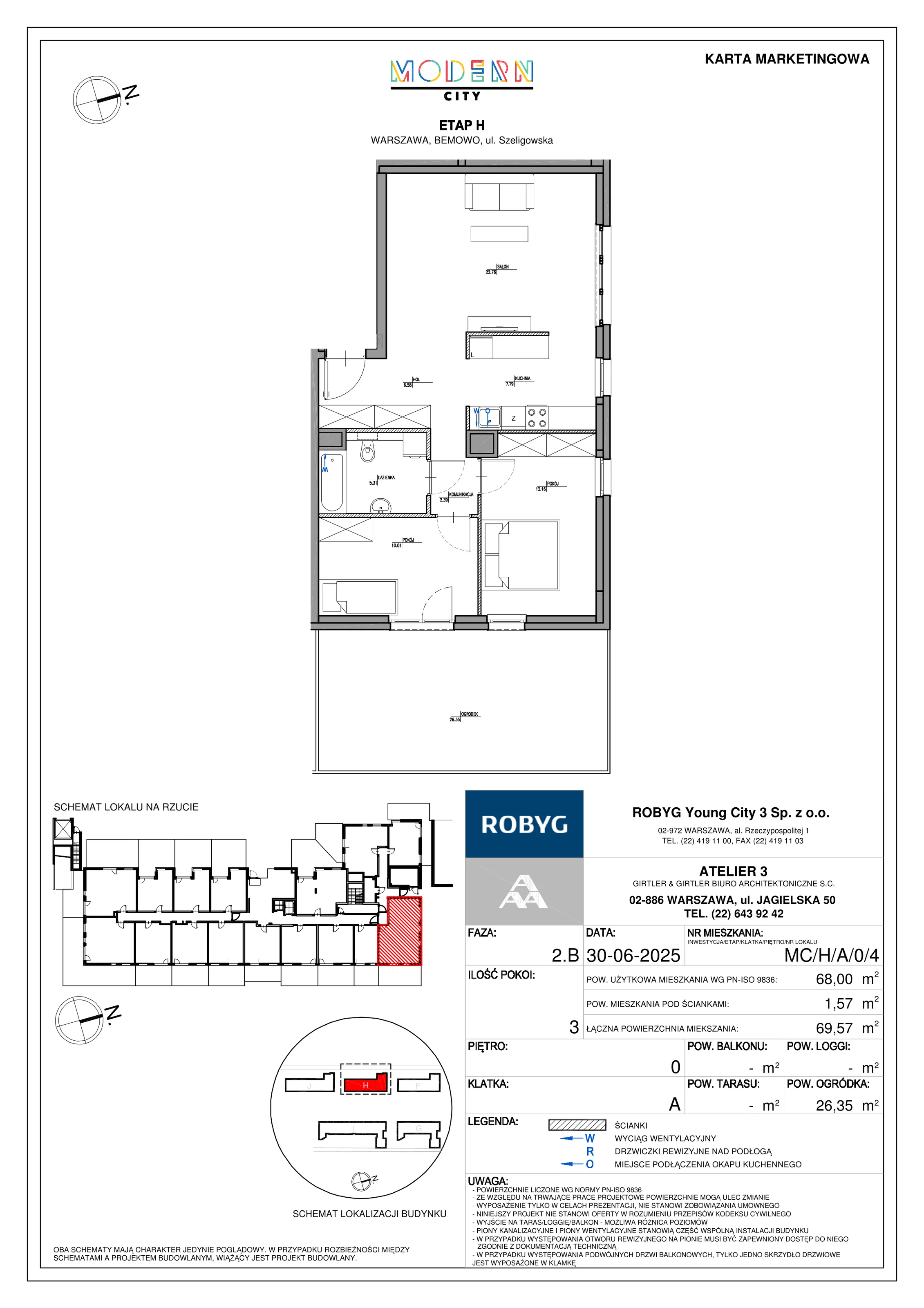 3 pokoje, mieszkanie 68,00 m², parter, oferta nr MC/H/A/0/4, Modern City etap H, Warszawa, Bemowo, Chrzanów, ul. Szeligowska