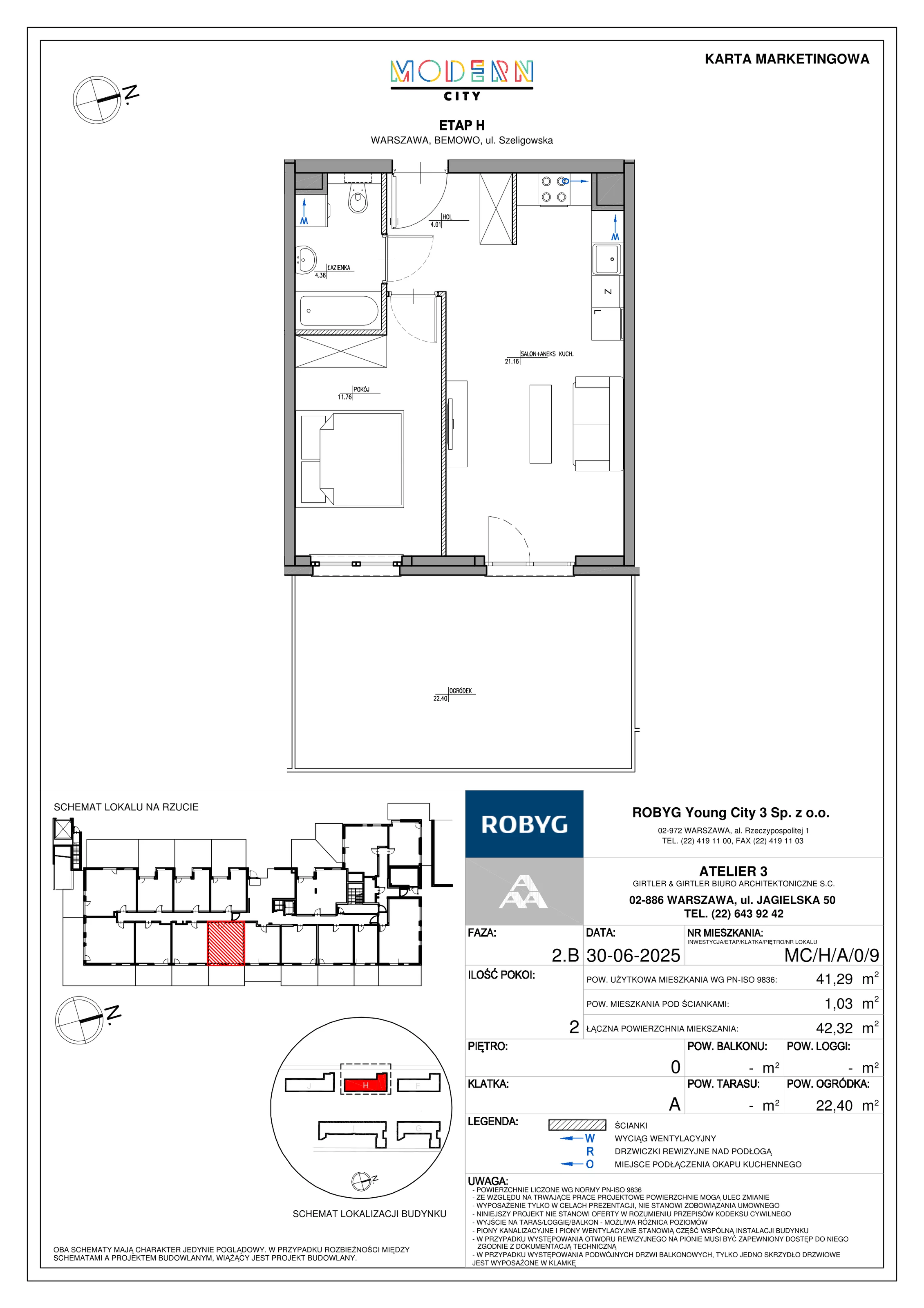 2 pokoje, mieszkanie 41,29 m², parter, oferta nr MC/H/A/0/9, Modern City etap H, Warszawa, Bemowo, Chrzanów, ul. Szeligowska