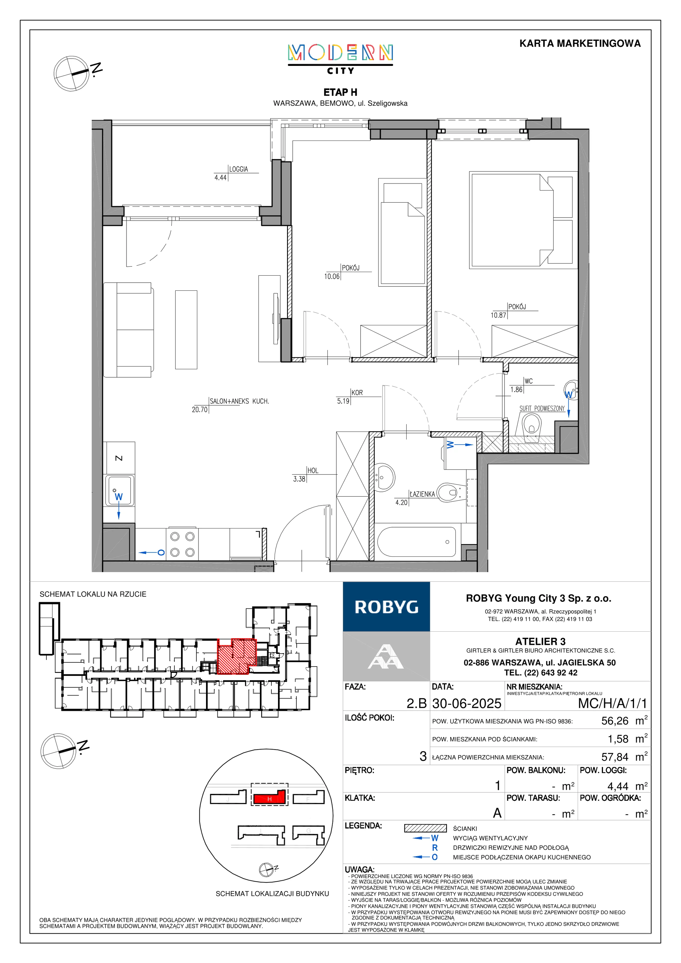 3 pokoje, mieszkanie 56,26 m², piętro 1, oferta nr MC/H/A/1/1, Modern City etap H, Warszawa, Bemowo, Chrzanów, ul. Szeligowska