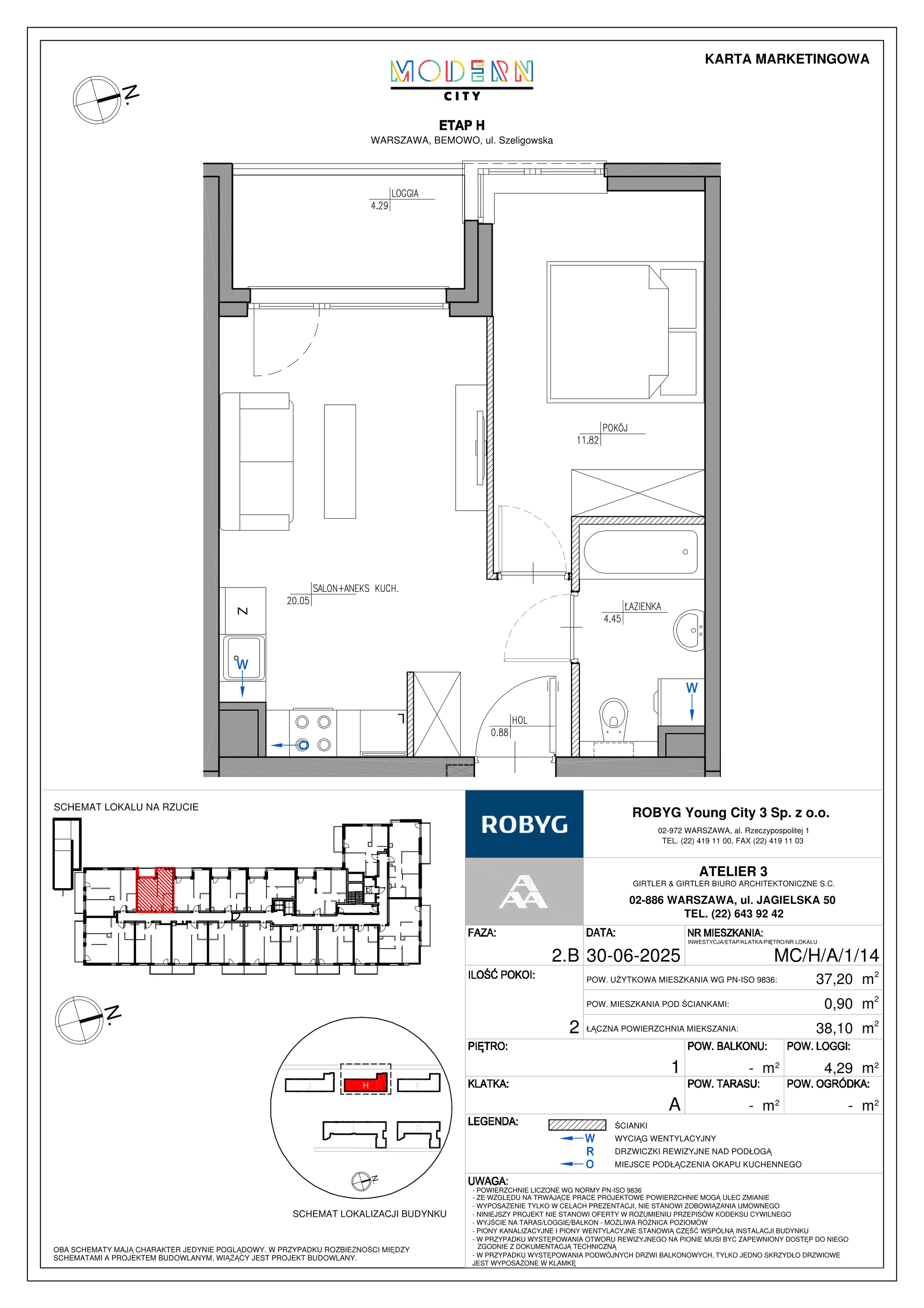 2 pokoje, mieszkanie 37,20 m², piętro 1, oferta nr MC/H/A/1/14, Modern City etap H, Warszawa, Bemowo, Chrzanów, ul. Szeligowska