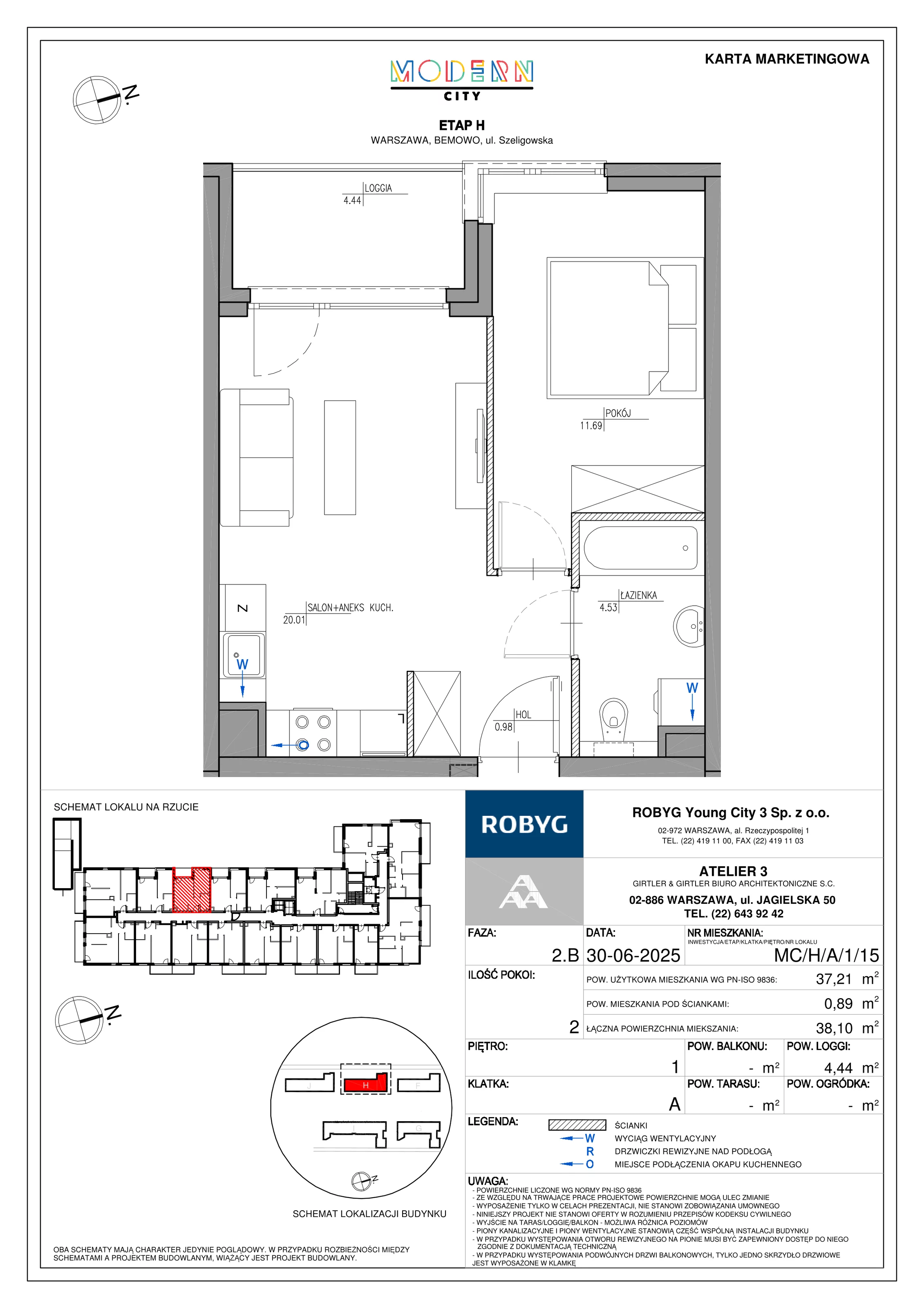 2 pokoje, mieszkanie 37,21 m², piętro 1, oferta nr MC/H/A/1/15, Modern City etap H, Warszawa, Bemowo, Chrzanów, ul. Szeligowska