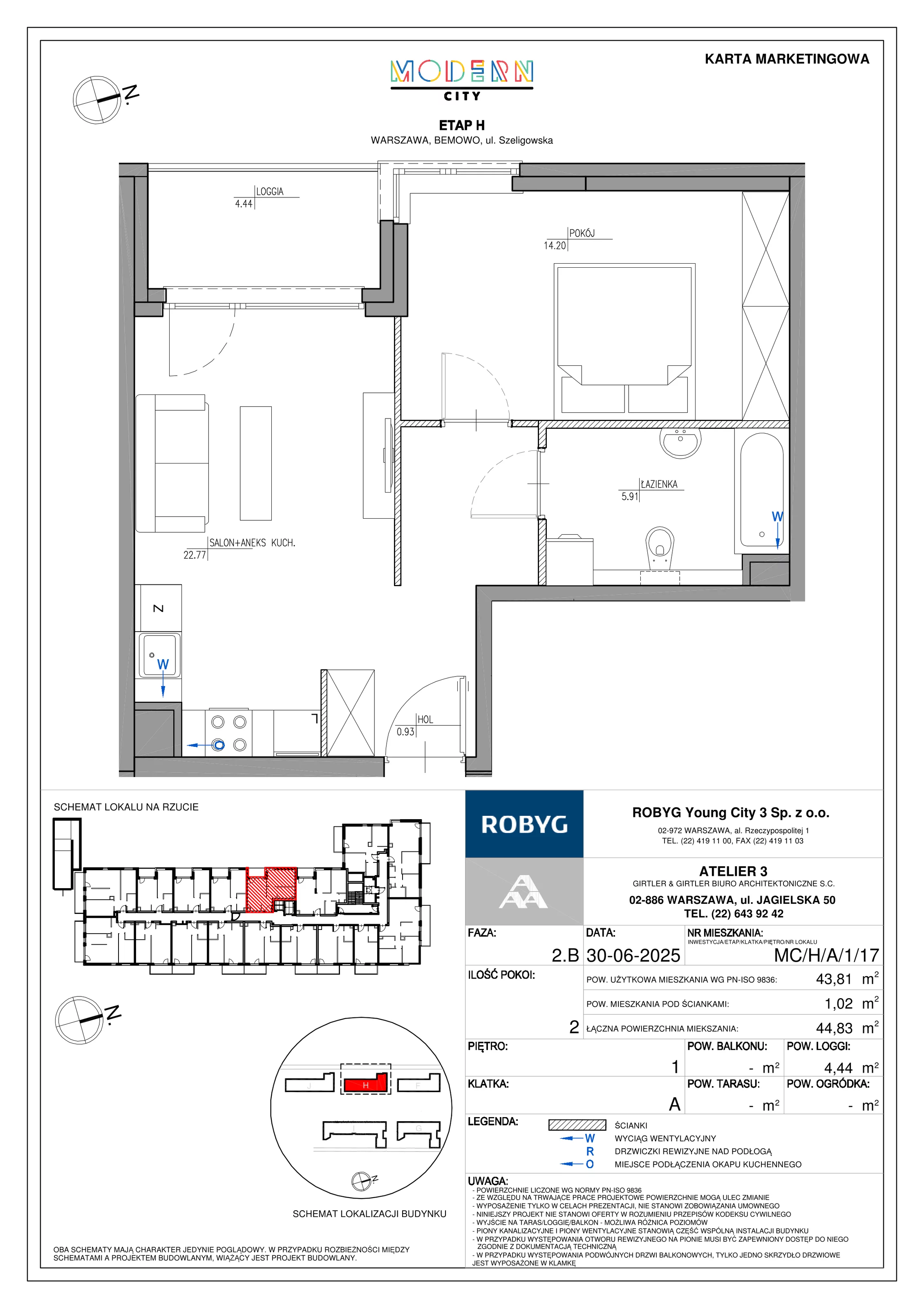 2 pokoje, mieszkanie 43,81 m², piętro 1, oferta nr MC/H/A/1/17, Modern City etap H, Warszawa, Bemowo, Chrzanów, ul. Szeligowska