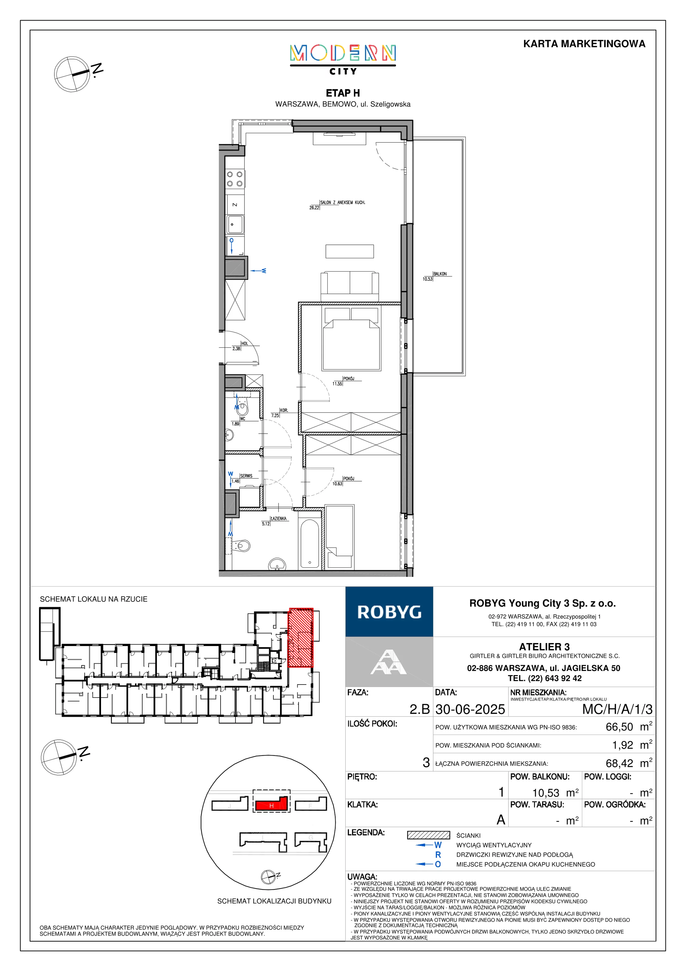 3 pokoje, mieszkanie 66,50 m², piętro 1, oferta nr MC/H/A/1/3, Modern City etap H, Warszawa, Bemowo, Chrzanów, ul. Szeligowska