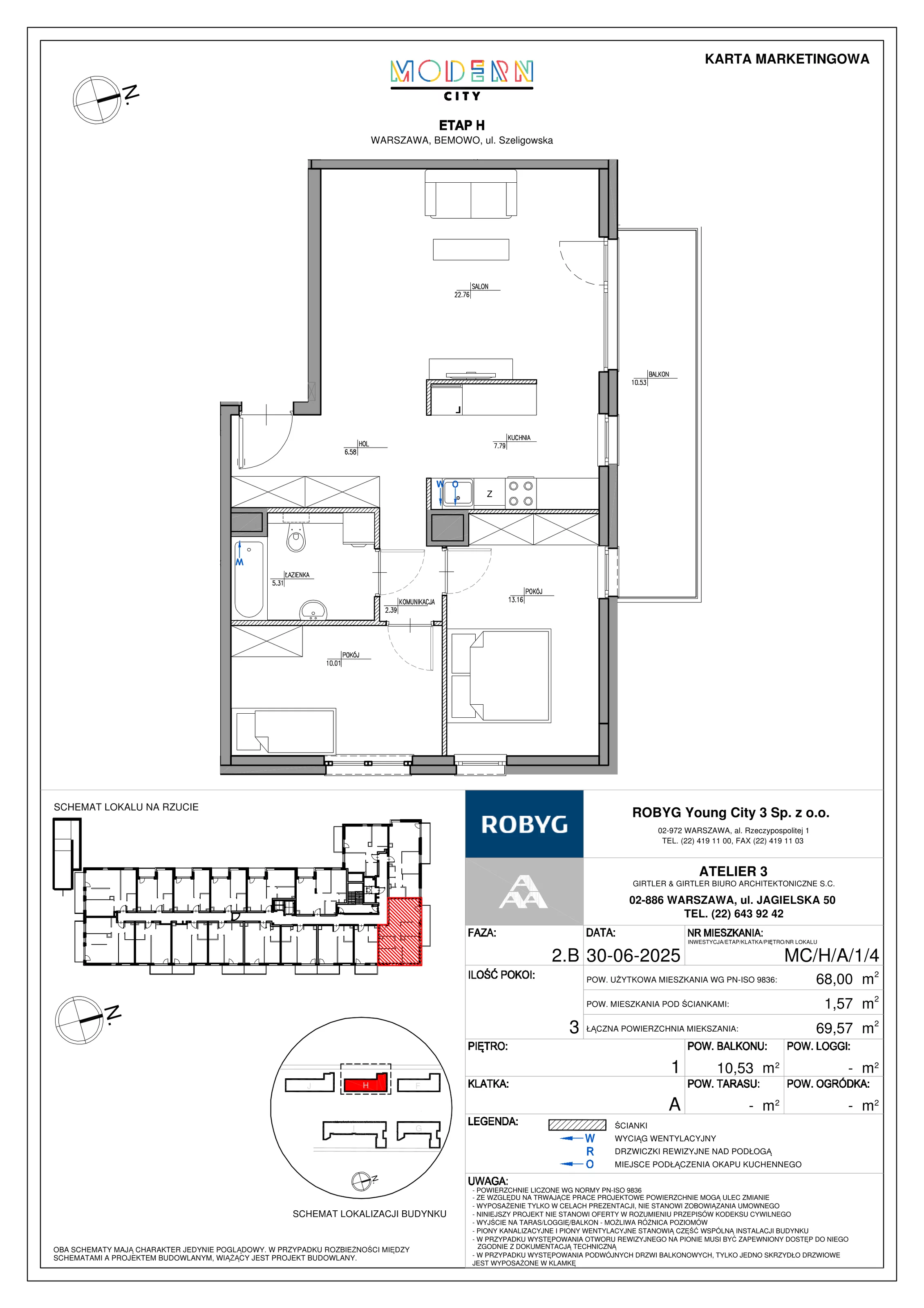 3 pokoje, mieszkanie 68,00 m², piętro 1, oferta nr MC/H/A/1/4, Modern City etap H, Warszawa, Bemowo, Chrzanów, ul. Szeligowska