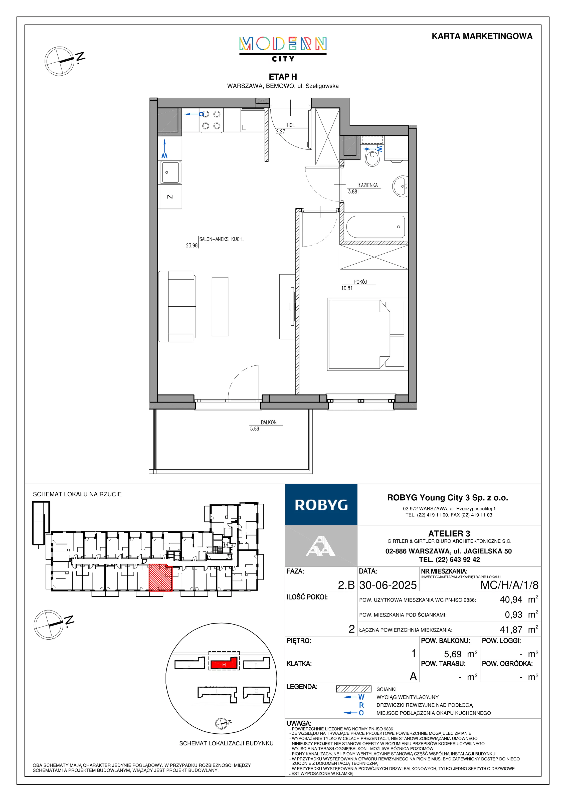 2 pokoje, mieszkanie 40,94 m², piętro 1, oferta nr MC/H/A/1/8, Modern City etap H, Warszawa, Bemowo, Chrzanów, ul. Szeligowska