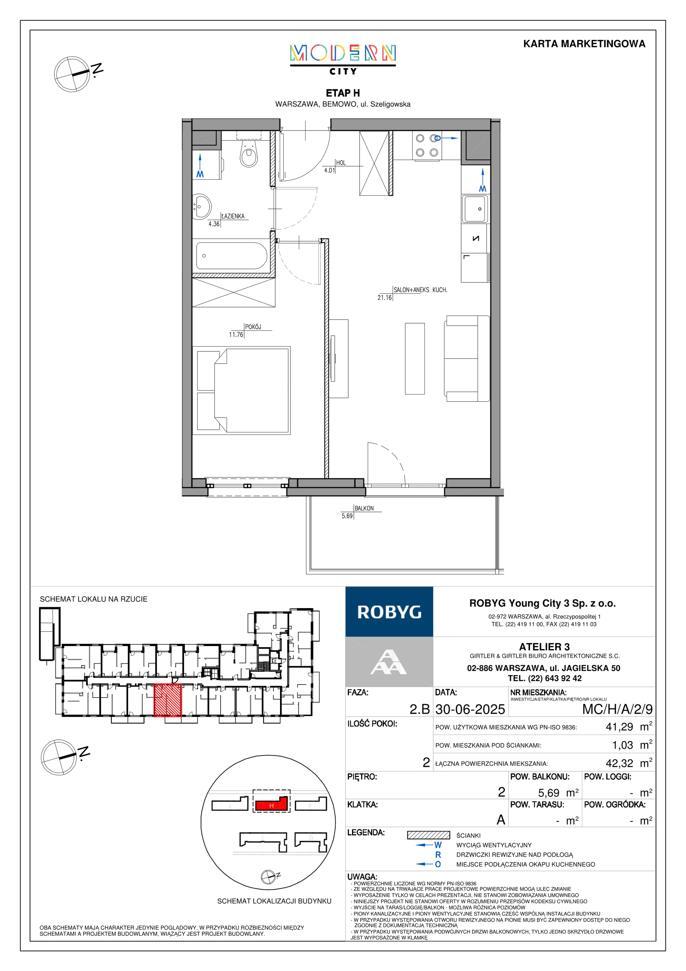 2 pokoje, mieszkanie 41,29 m², piętro 2, oferta nr MC/H/A/2/9, Modern City etap H, Warszawa, Bemowo, Chrzanów, ul. Szeligowska