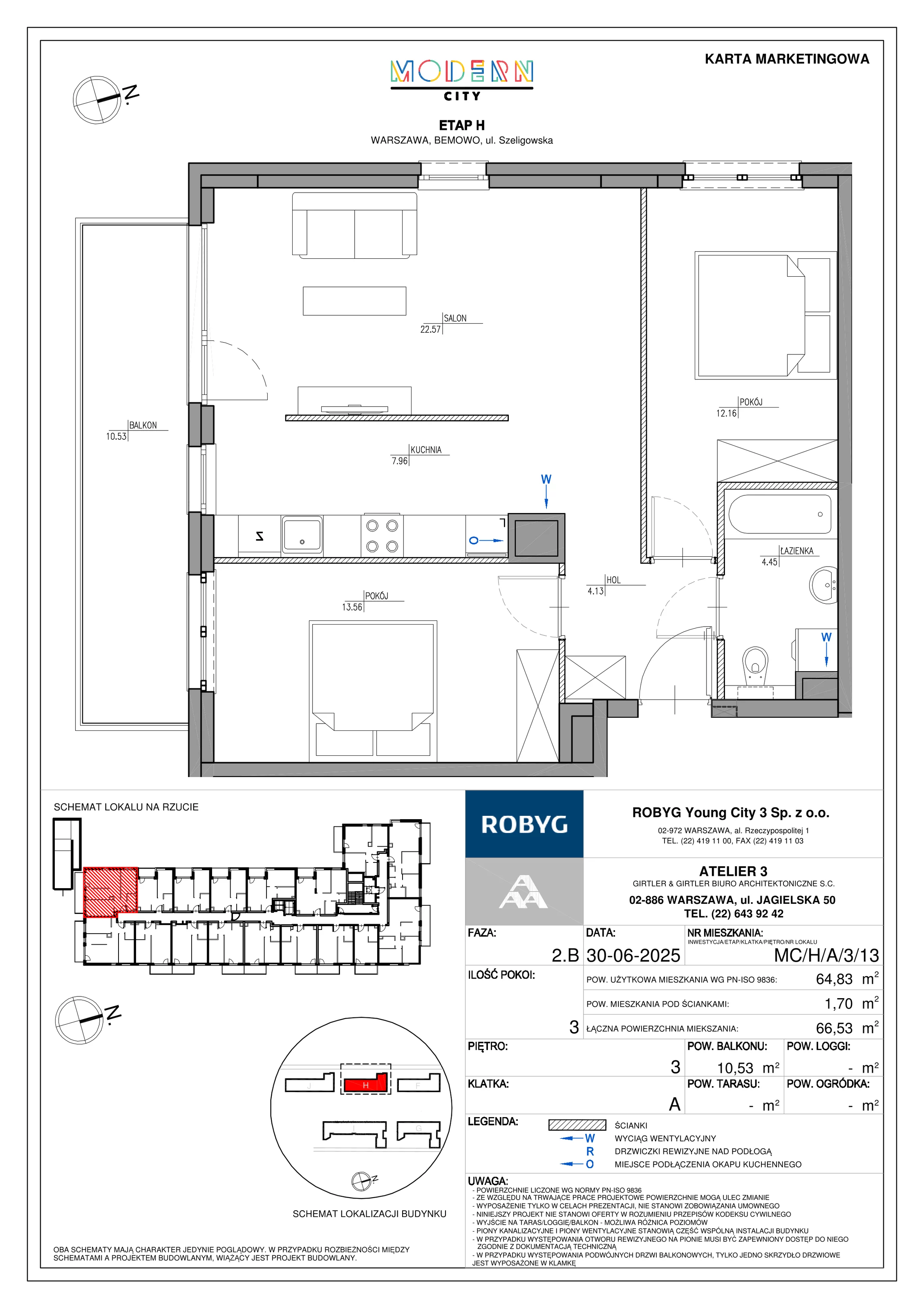 3 pokoje, mieszkanie 64,83 m², piętro 3, oferta nr MC/H/A/3/13, Modern City etap H, Warszawa, Bemowo, Chrzanów, ul. Szeligowska