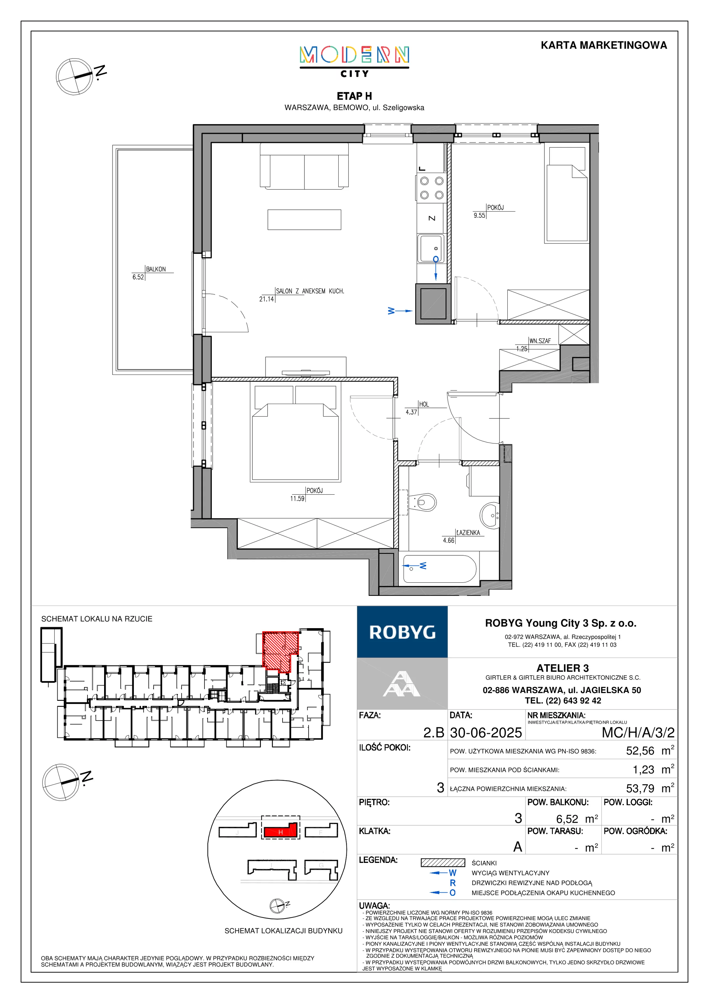 3 pokoje, mieszkanie 52,56 m², piętro 3, oferta nr MC/H/A/3/2, Modern City etap H, Warszawa, Bemowo, Chrzanów, ul. Szeligowska