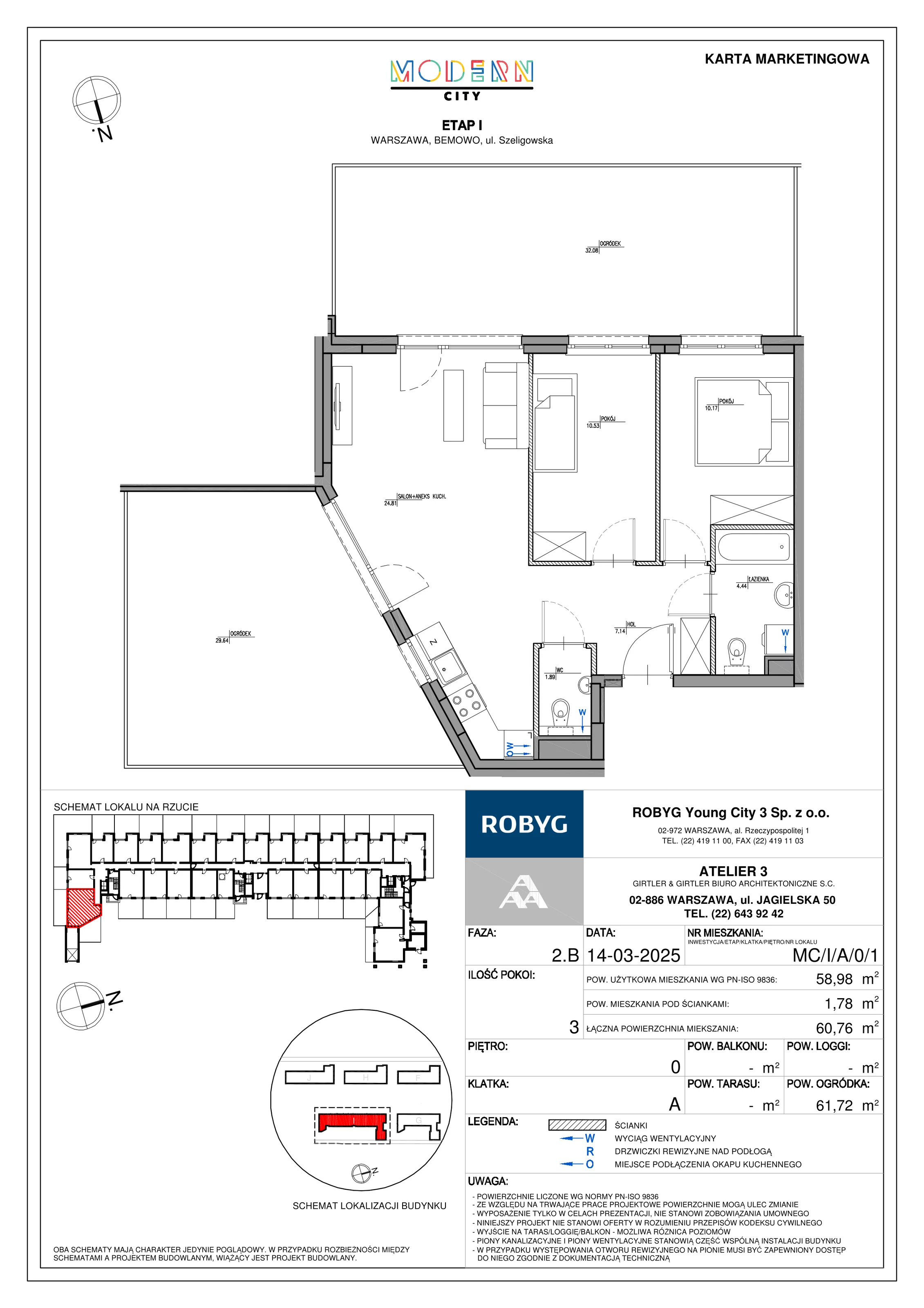 3 pokoje, mieszkanie 58,98 m², parter, oferta nr MC/I/A/0/1, Modern City etap I, Warszawa, Bemowo, Chrzanów, ul. Szeligowska