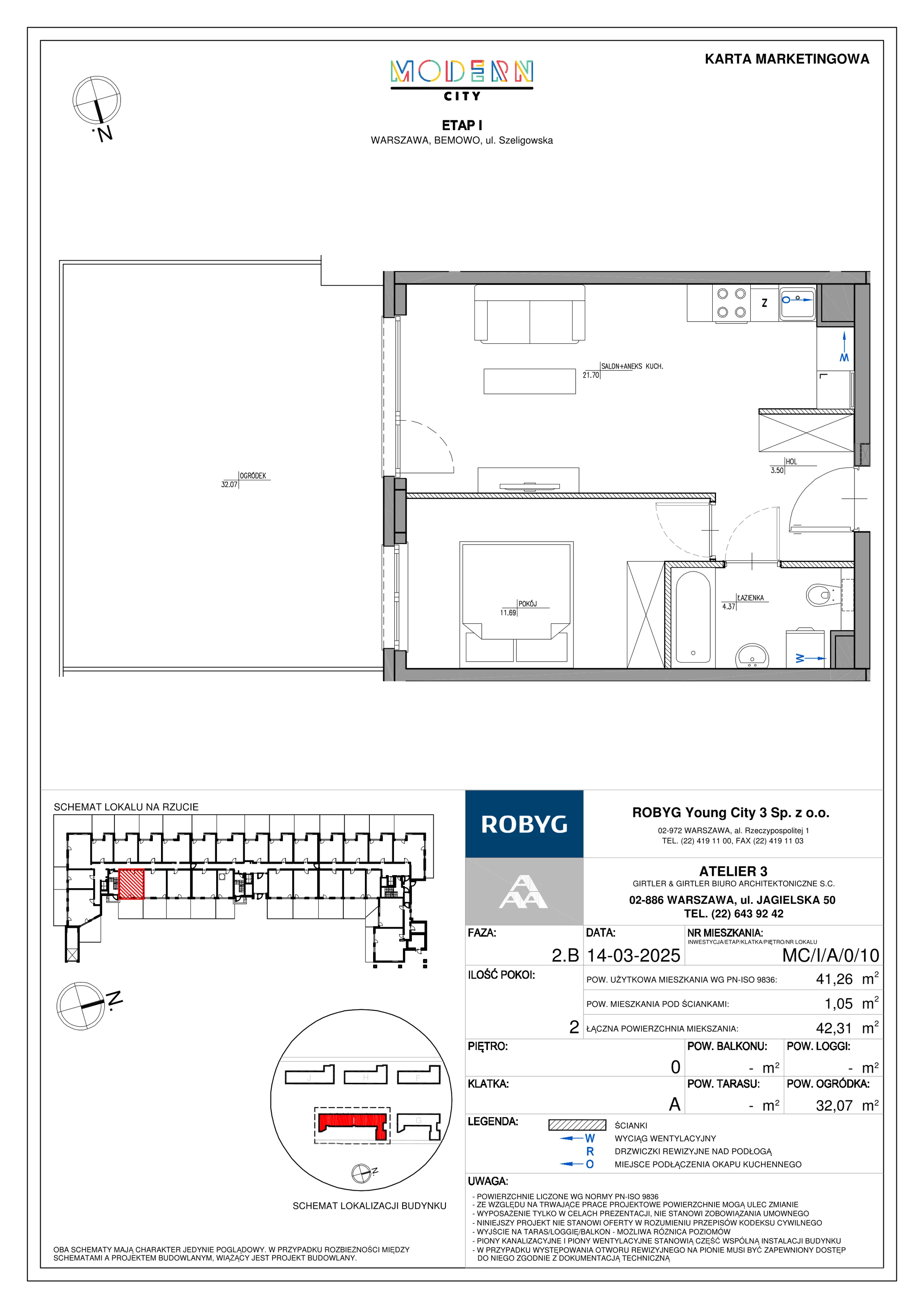 2 pokoje, mieszkanie 41,26 m², parter, oferta nr MC/I/A/0/10, Modern City etap I, Warszawa, Bemowo, Chrzanów, ul. Szeligowska