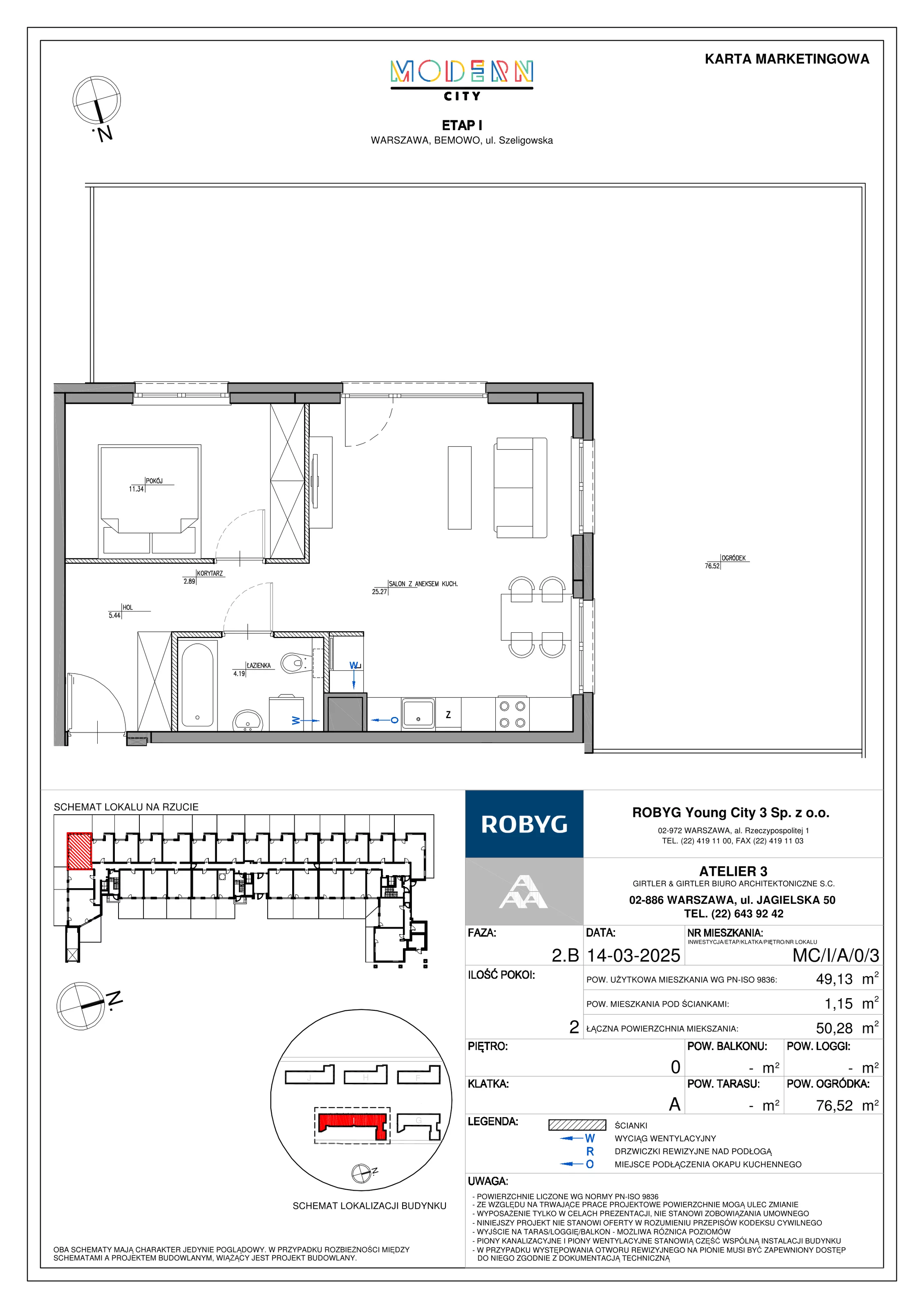 2 pokoje, mieszkanie 49,13 m², parter, oferta nr MC/I/A/0/3, Modern City etap I, Warszawa, Bemowo, Chrzanów, ul. Szeligowska