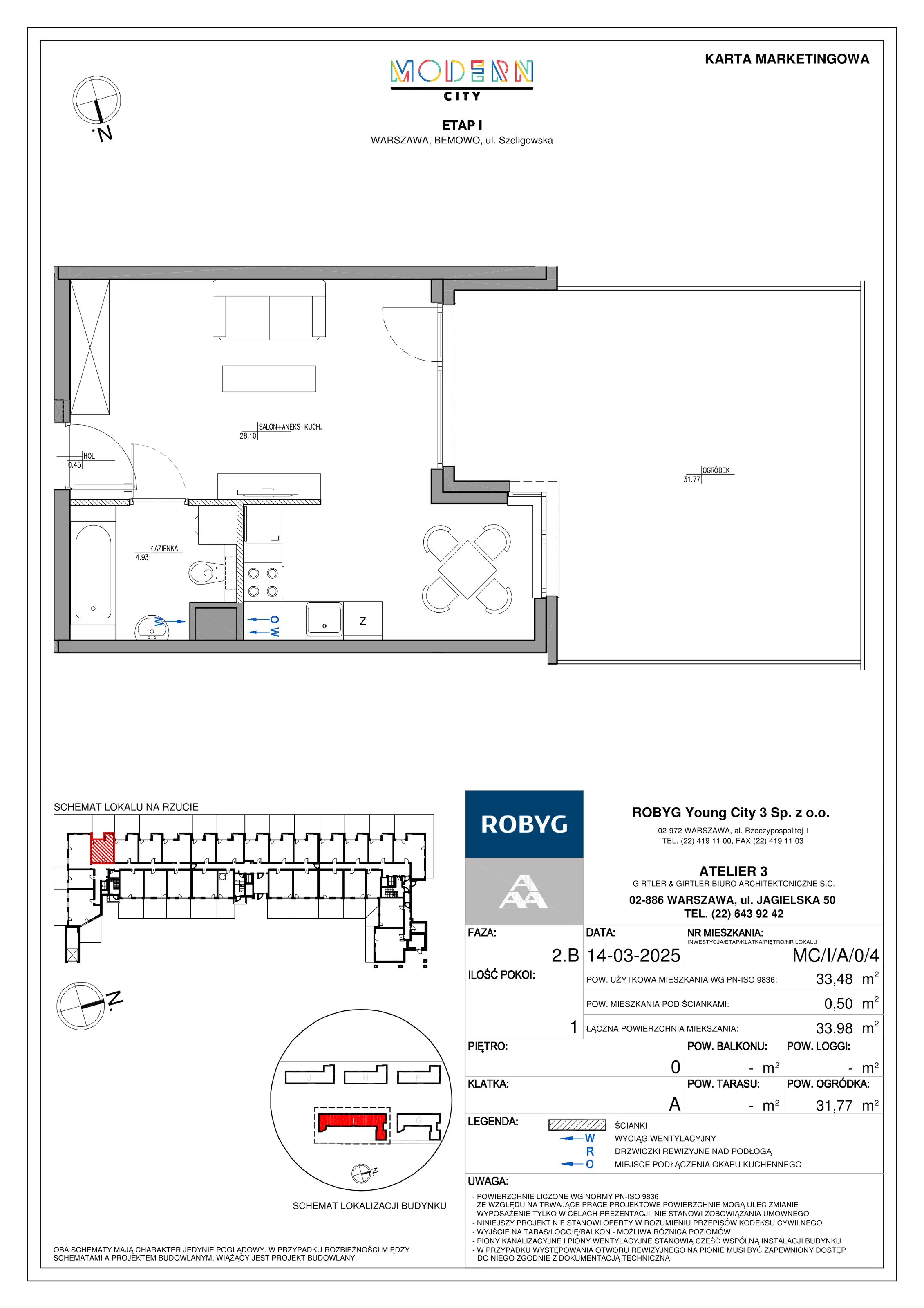 1 pokój, mieszkanie 33,48 m², parter, oferta nr MC/I/A/0/4, Modern City etap I, Warszawa, Bemowo, Chrzanów, ul. Szeligowska