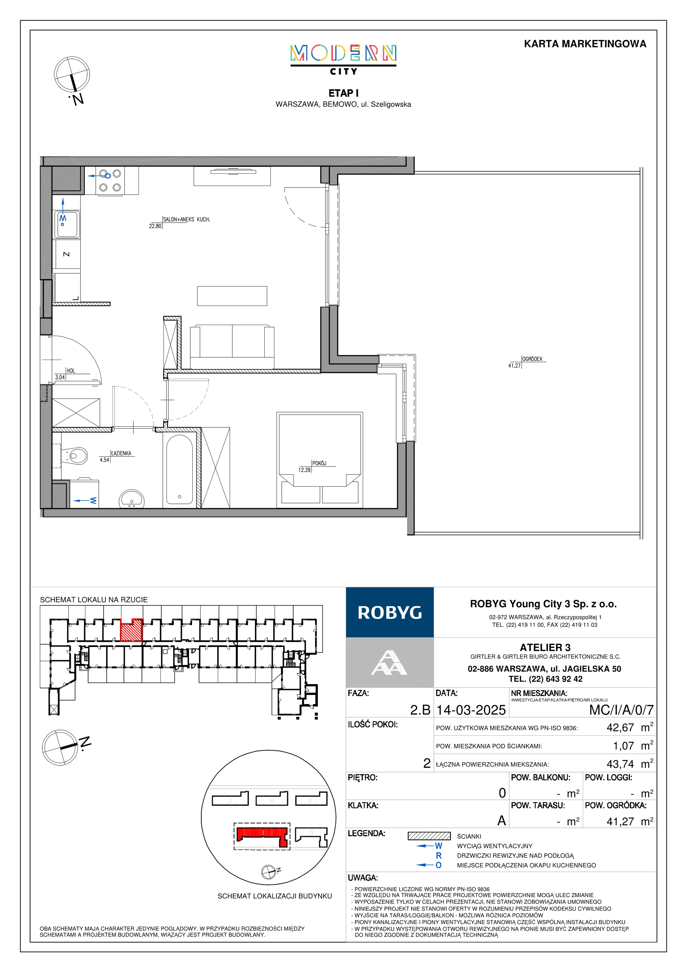 2 pokoje, mieszkanie 42,67 m², parter, oferta nr MC/I/A/0/7, Modern City etap I, Warszawa, Bemowo, Chrzanów, ul. Szeligowska
