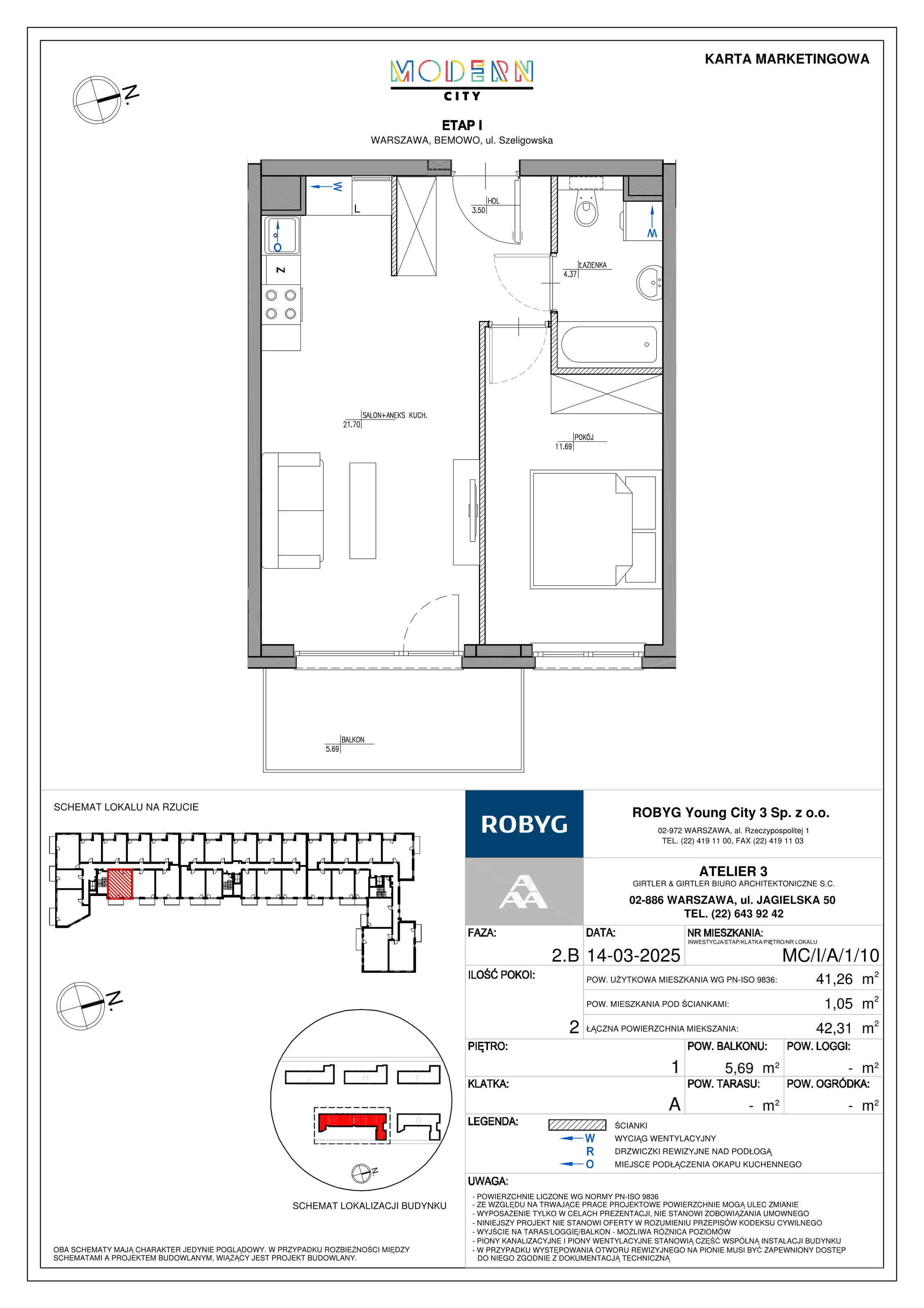 2 pokoje, mieszkanie 41,26 m², piętro 1, oferta nr MC/I/A/1/10, Modern City etap I, Warszawa, Bemowo, Chrzanów, ul. Szeligowska