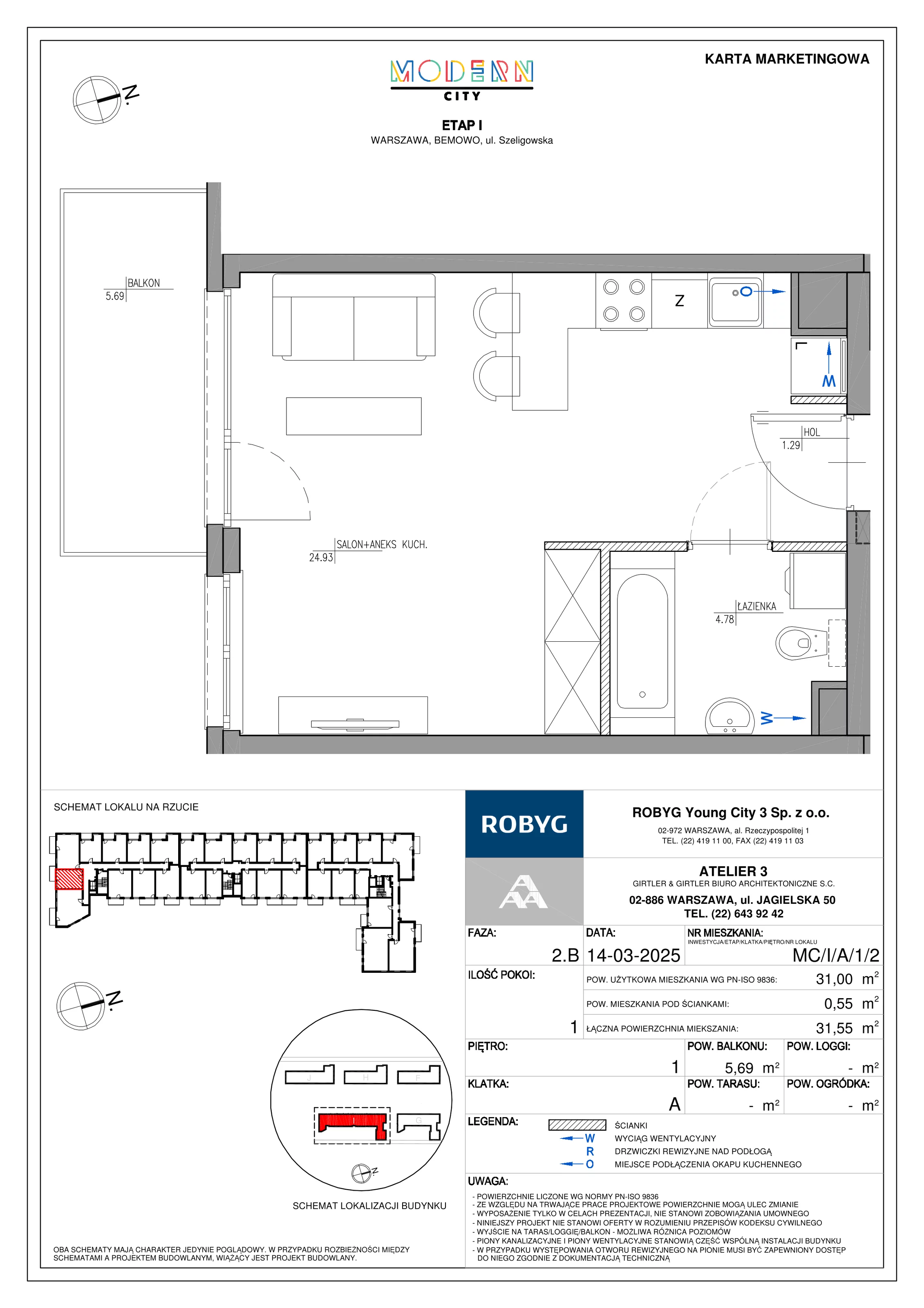 1 pokój, mieszkanie 31,00 m², piętro 1, oferta nr MC/I/A/1/2, Modern City etap I, Warszawa, Bemowo, Chrzanów, ul. Szeligowska