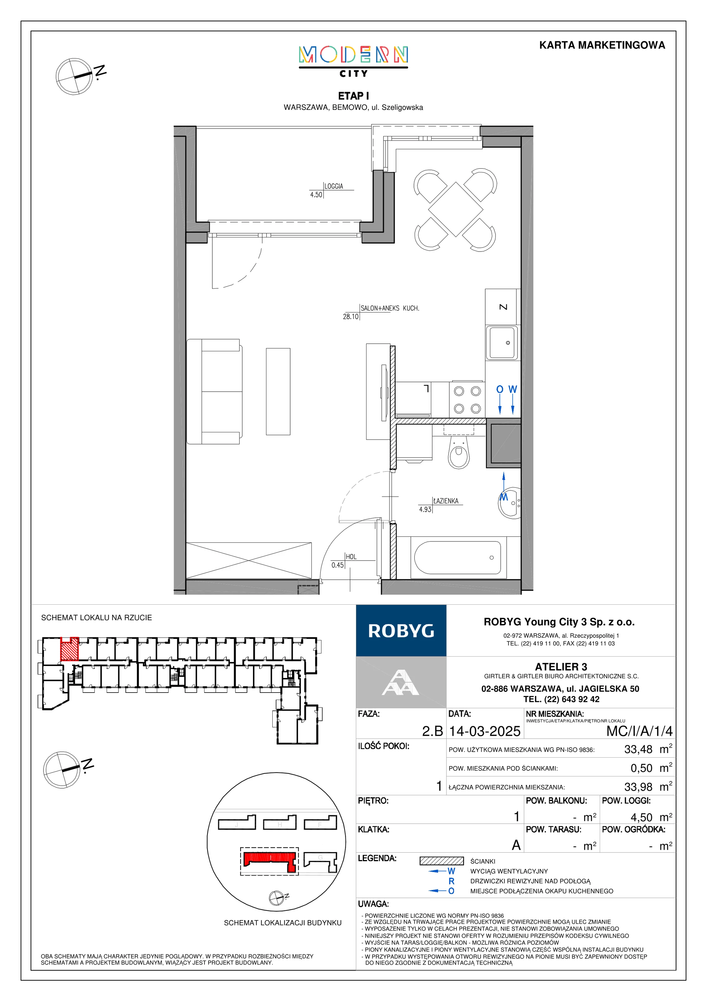1 pokój, mieszkanie 33,48 m², piętro 1, oferta nr MC/I/A/1/4, Modern City etap I, Warszawa, Bemowo, Chrzanów, ul. Szeligowska