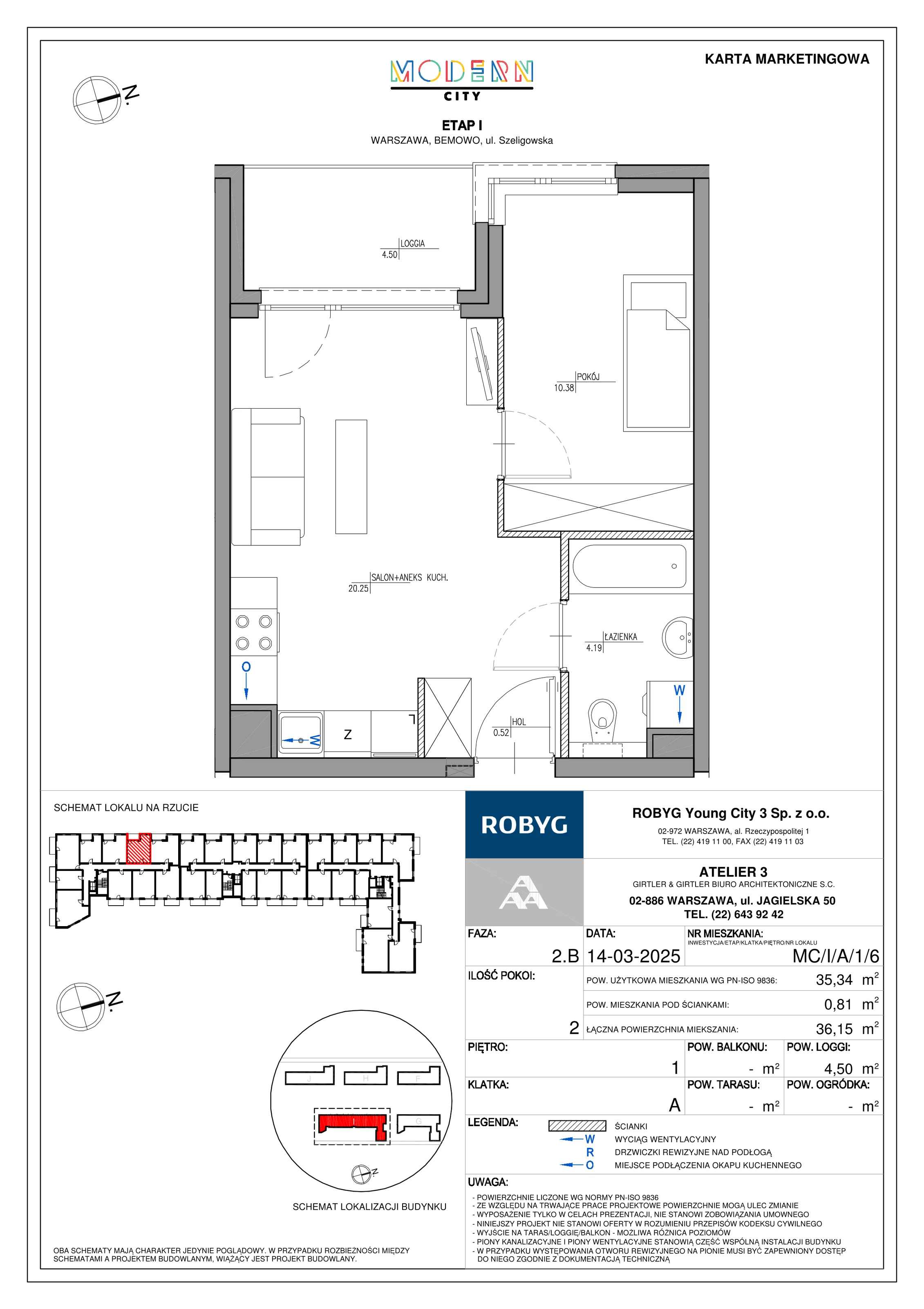 2 pokoje, mieszkanie 35,34 m², piętro 1, oferta nr MC/I/A/1/6, Modern City etap I, Warszawa, Bemowo, Chrzanów, ul. Szeligowska