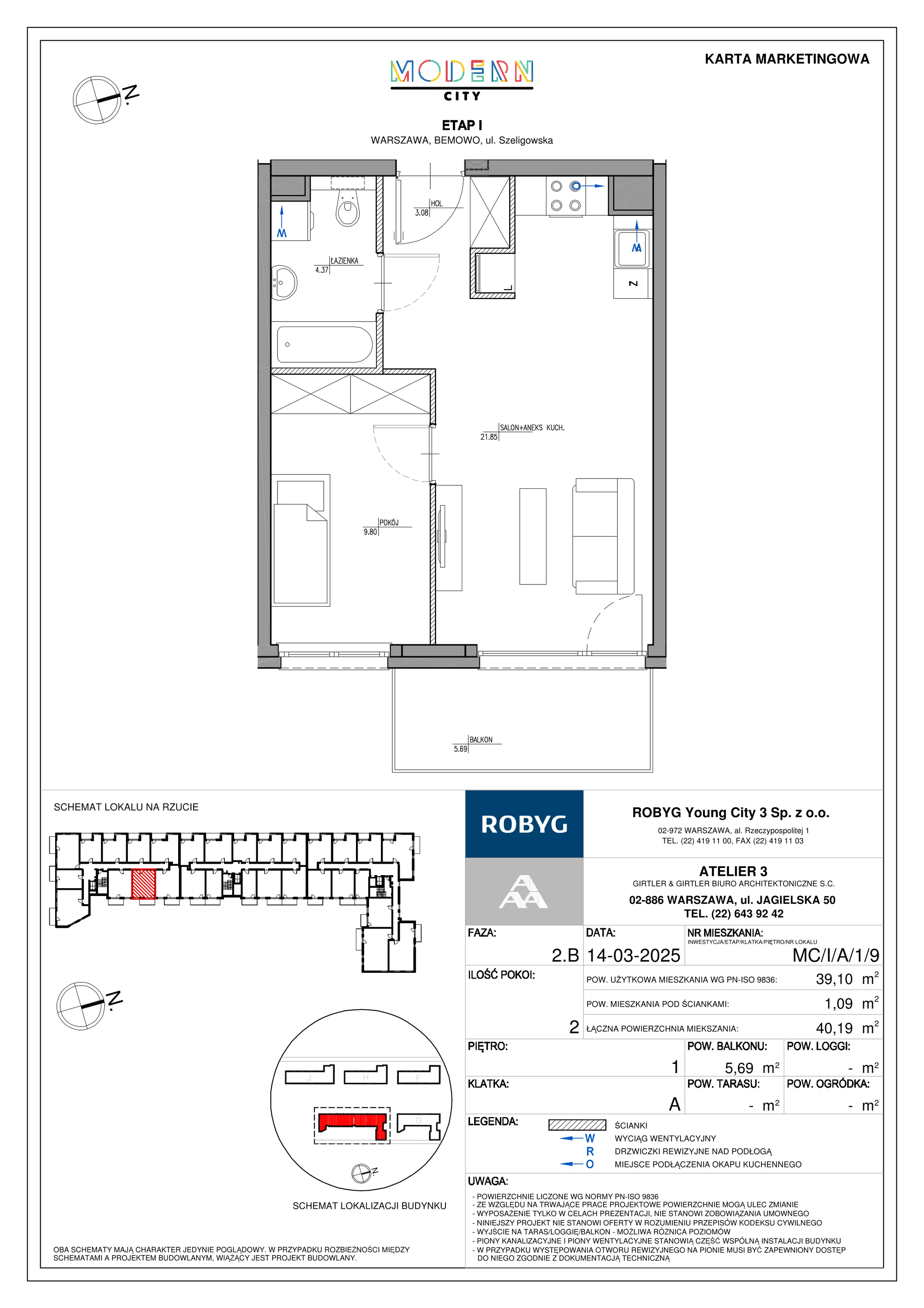 2 pokoje, mieszkanie 39,10 m², piętro 1, oferta nr MC/I/A/1/9, Modern City etap I, Warszawa, Bemowo, Chrzanów, ul. Szeligowska