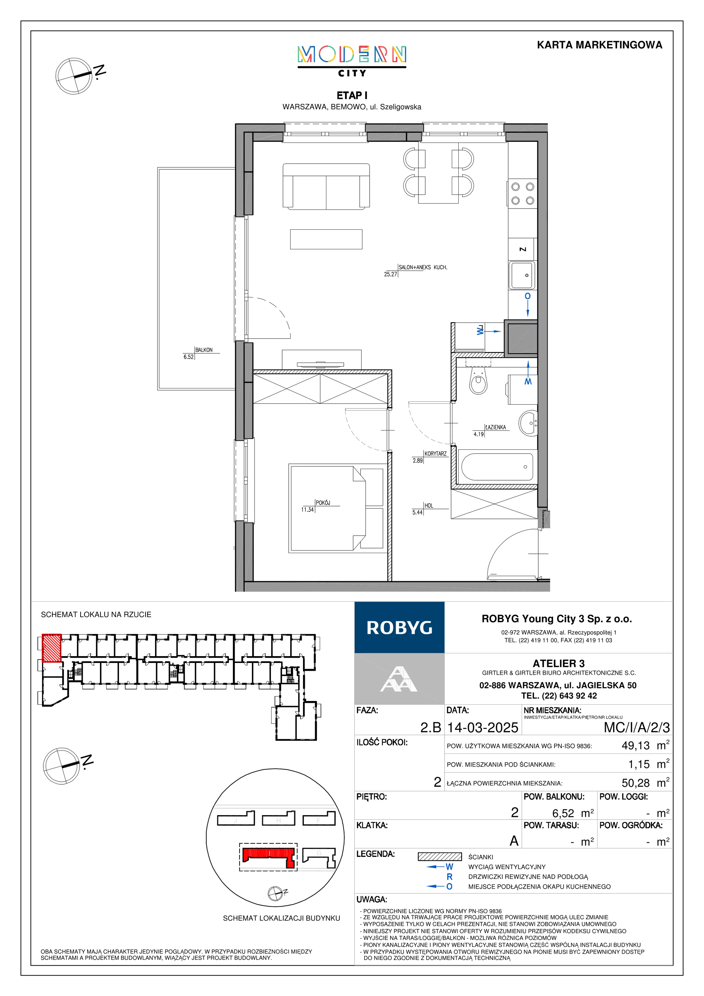 2 pokoje, mieszkanie 49,13 m², piętro 2, oferta nr MC/I/A/2/3, Modern City etap I, Warszawa, Bemowo, Chrzanów, ul. Szeligowska