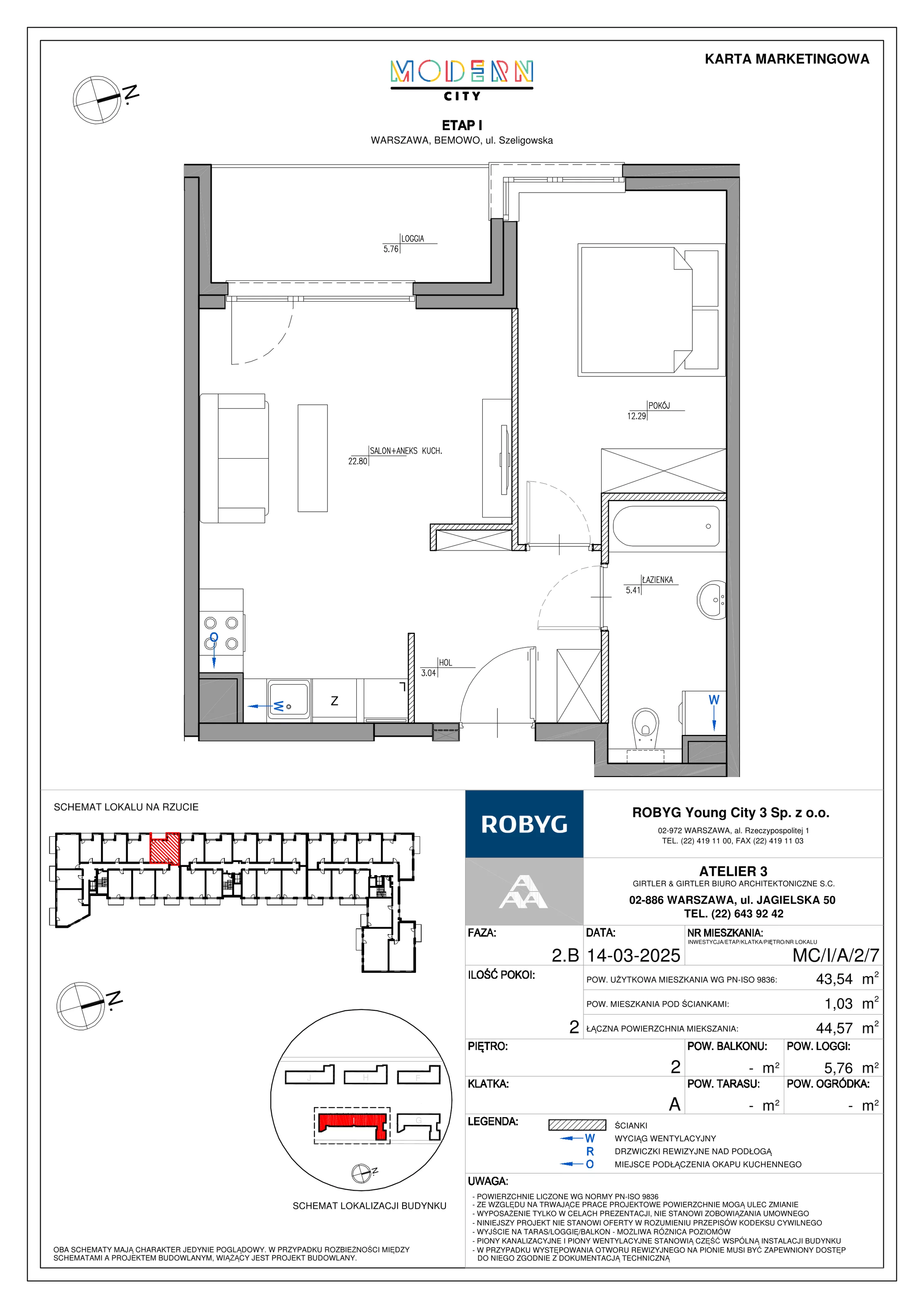 2 pokoje, mieszkanie 43,54 m², piętro 2, oferta nr MC/I/A/2/7, Modern City etap I, Warszawa, Bemowo, Chrzanów, ul. Szeligowska