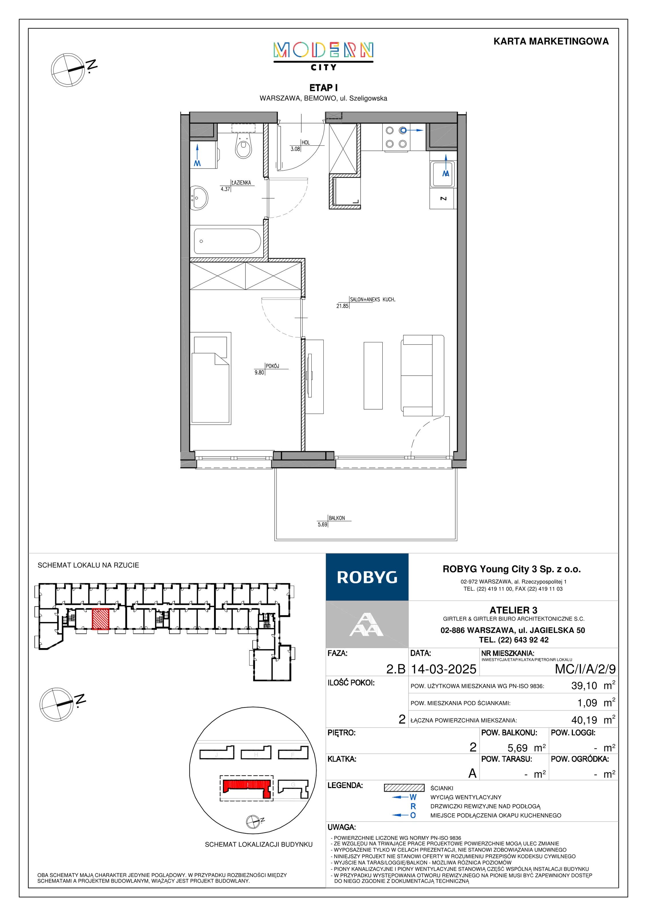 2 pokoje, mieszkanie 39,10 m², piętro 2, oferta nr MC/I/A/2/9, Modern City etap I, Warszawa, Bemowo, Chrzanów, ul. Szeligowska