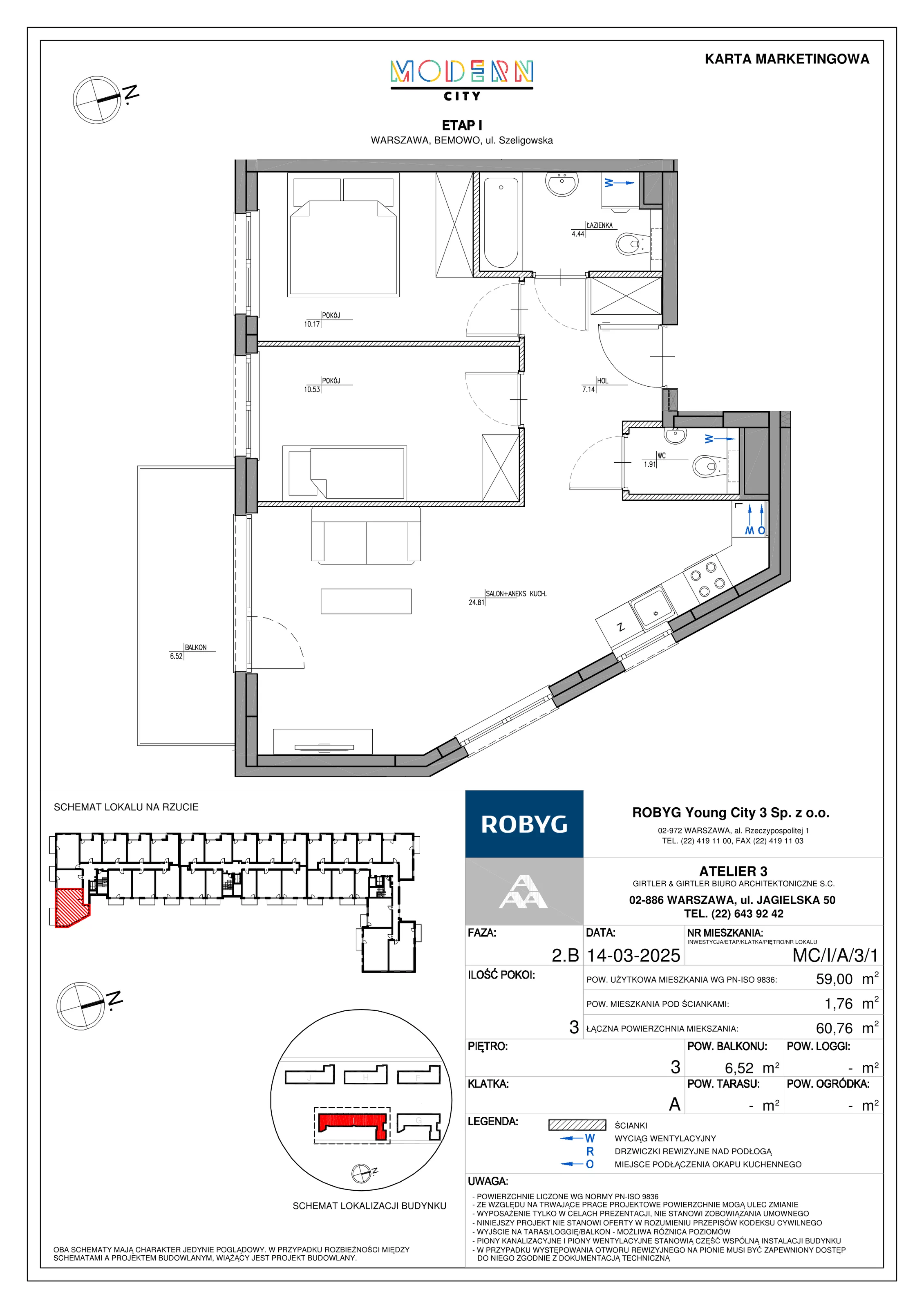 3 pokoje, mieszkanie 59,00 m², piętro 3, oferta nr MC/I/A/3/1, Modern City etap I, Warszawa, Bemowo, Chrzanów, ul. Szeligowska