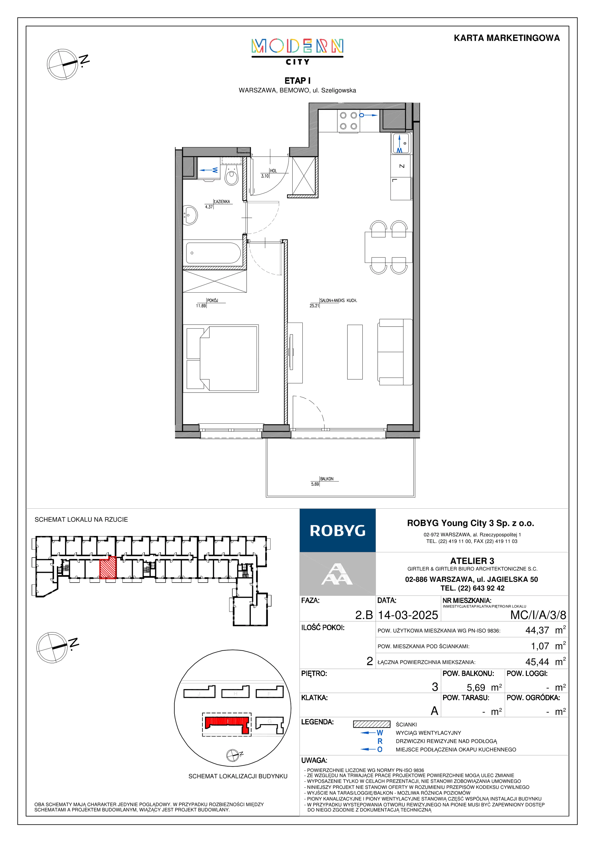 2 pokoje, mieszkanie 44,37 m², piętro 3, oferta nr MC/I/A/3/8, Modern City etap I, Warszawa, Bemowo, Chrzanów, ul. Szeligowska