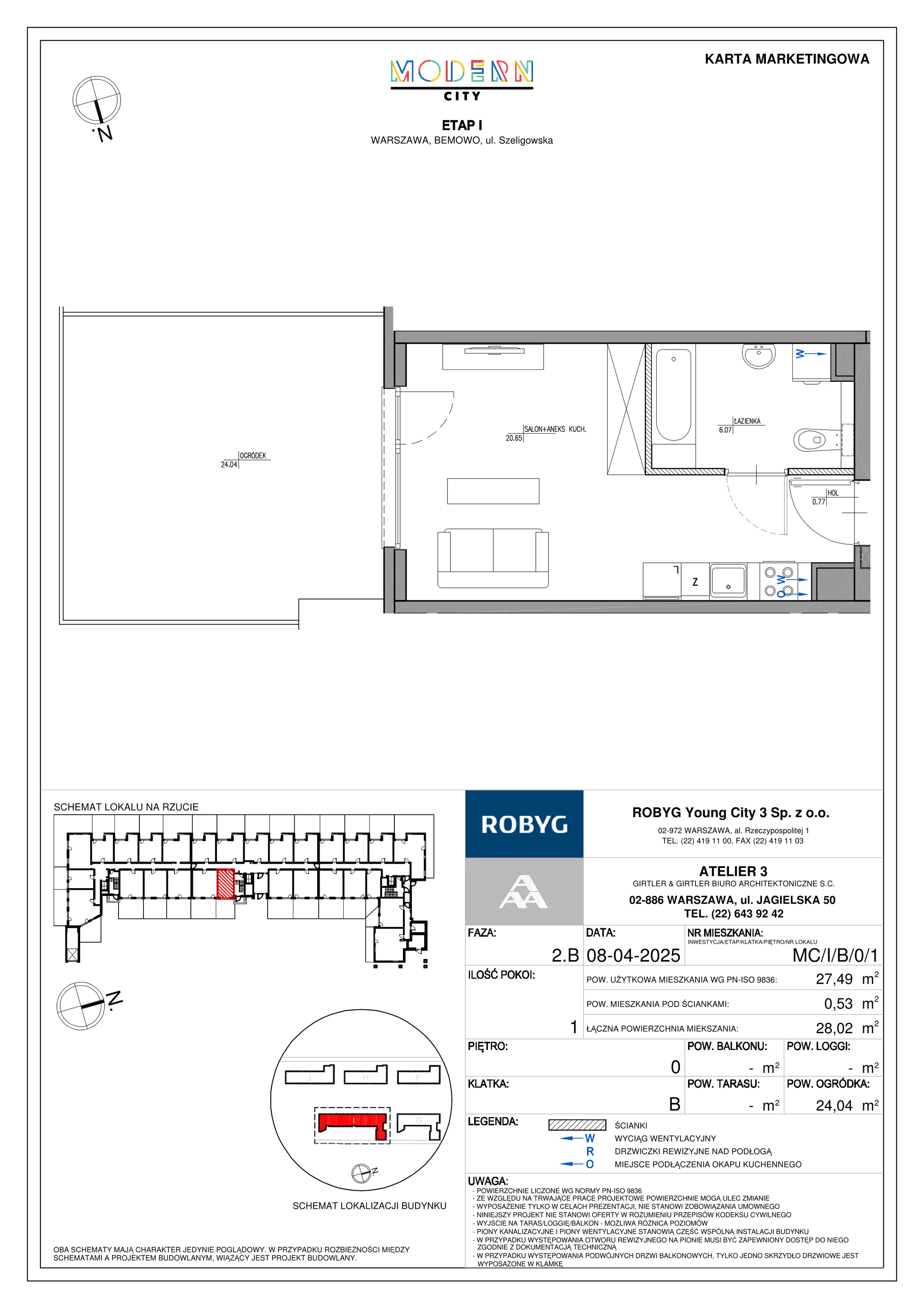 1 pokój, mieszkanie 27,49 m², parter, oferta nr MC/I/B/0/1, Modern City etap I, Warszawa, Bemowo, Chrzanów, ul. Szeligowska