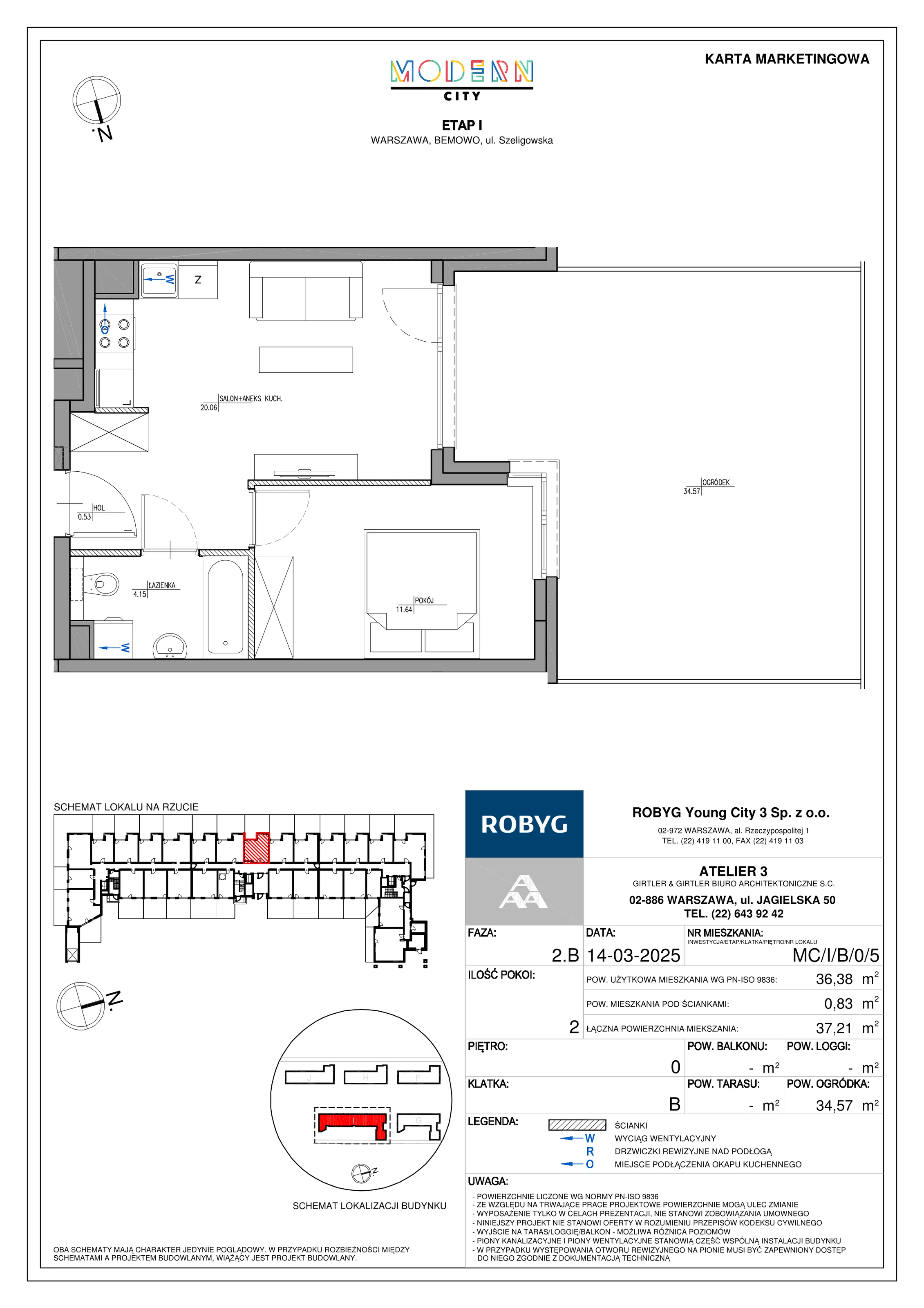 2 pokoje, mieszkanie 36,38 m², parter, oferta nr MC/I/B/0/5, Modern City etap I, Warszawa, Bemowo, Chrzanów, ul. Szeligowska