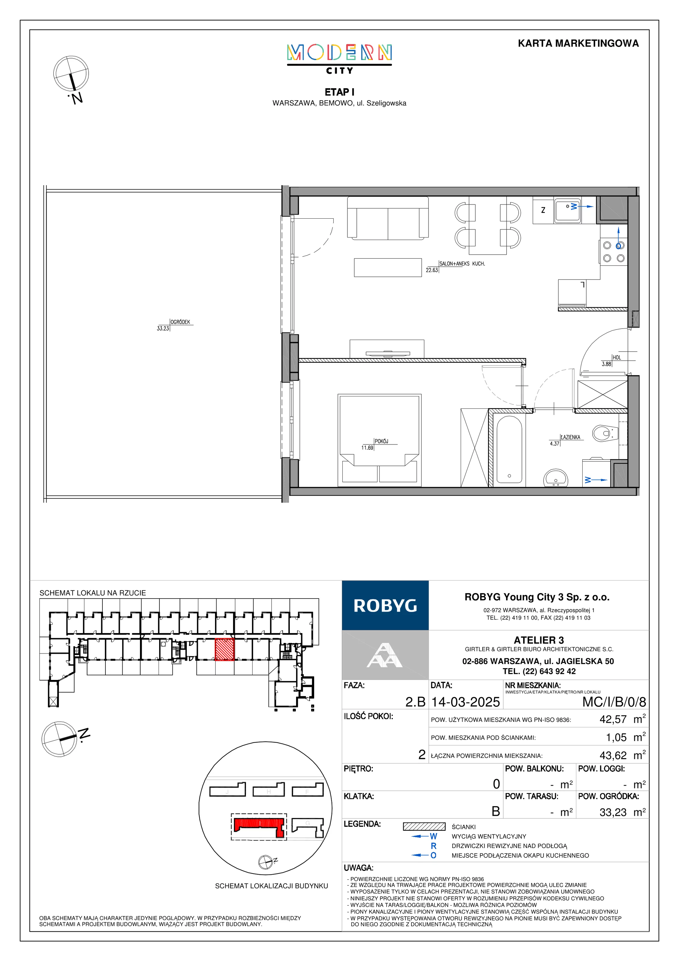 2 pokoje, mieszkanie 42,57 m², parter, oferta nr MC/I/B/0/8, Modern City etap I, Warszawa, Bemowo, Chrzanów, ul. Szeligowska