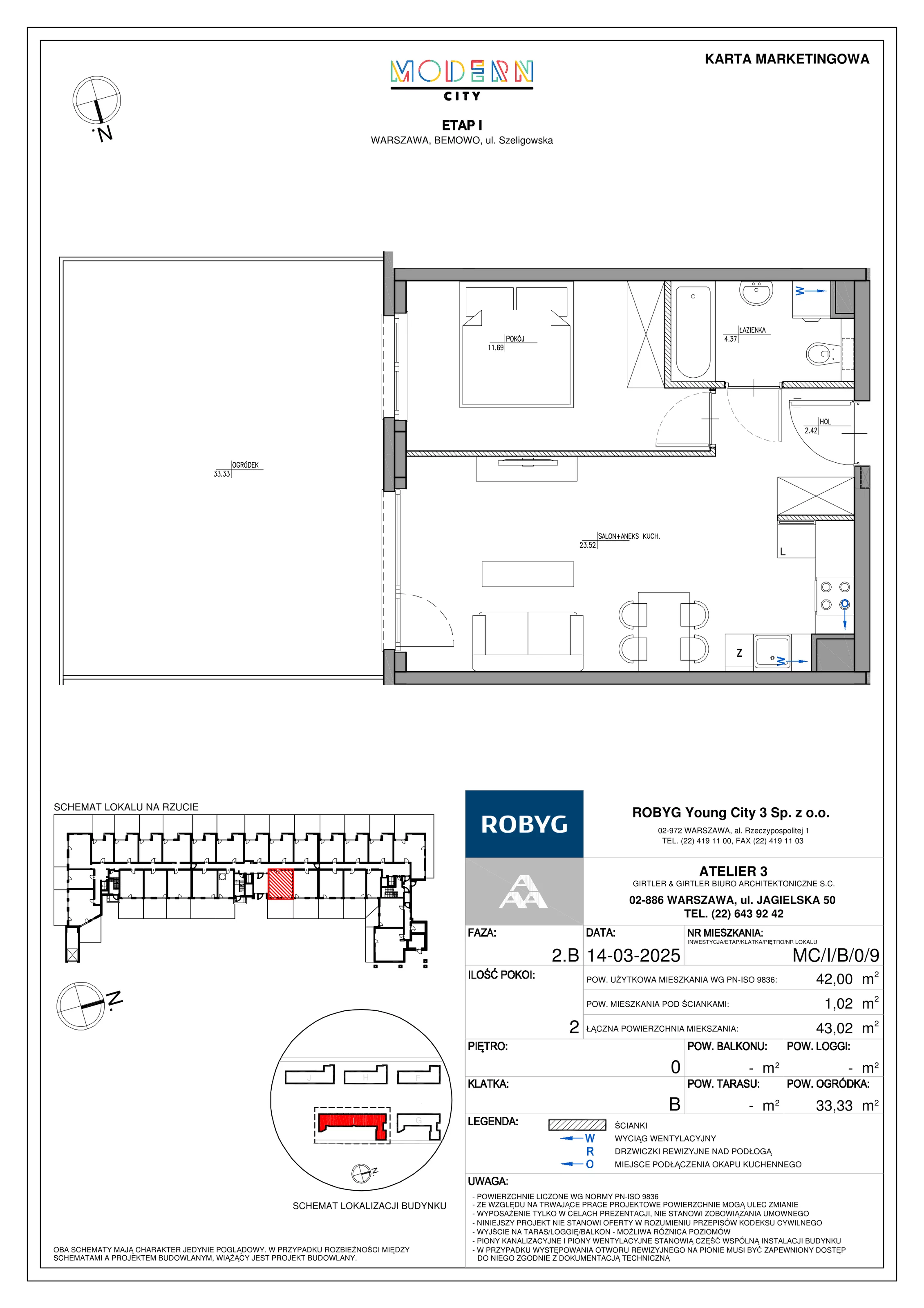 2 pokoje, mieszkanie 42,00 m², parter, oferta nr MC/I/B/0/9, Modern City etap I, Warszawa, Bemowo, Chrzanów, ul. Szeligowska