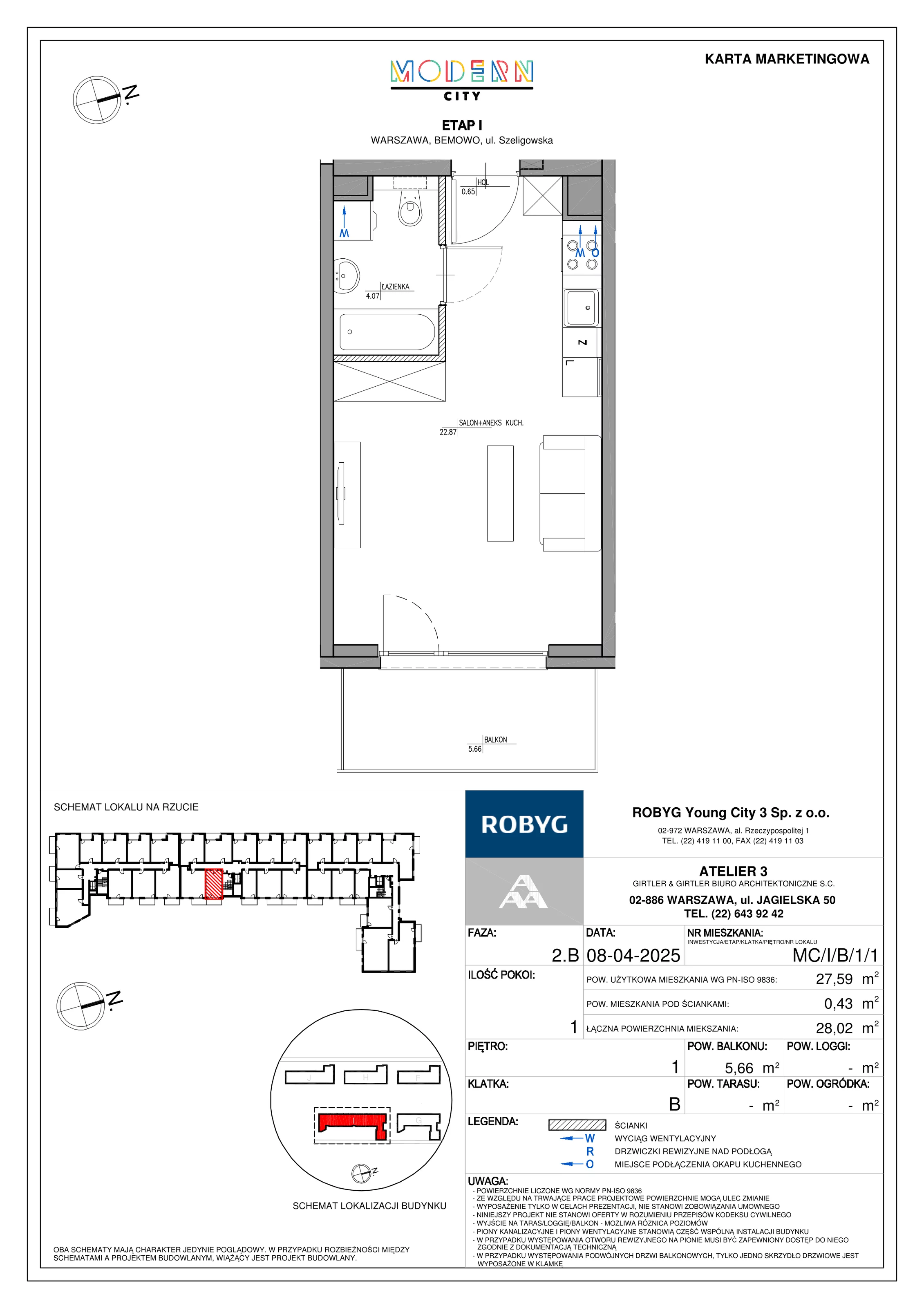 1 pokój, mieszkanie 27,59 m², piętro 1, oferta nr MC/I/B/1/1, Modern City etap I, Warszawa, Bemowo, Chrzanów, ul. Szeligowska