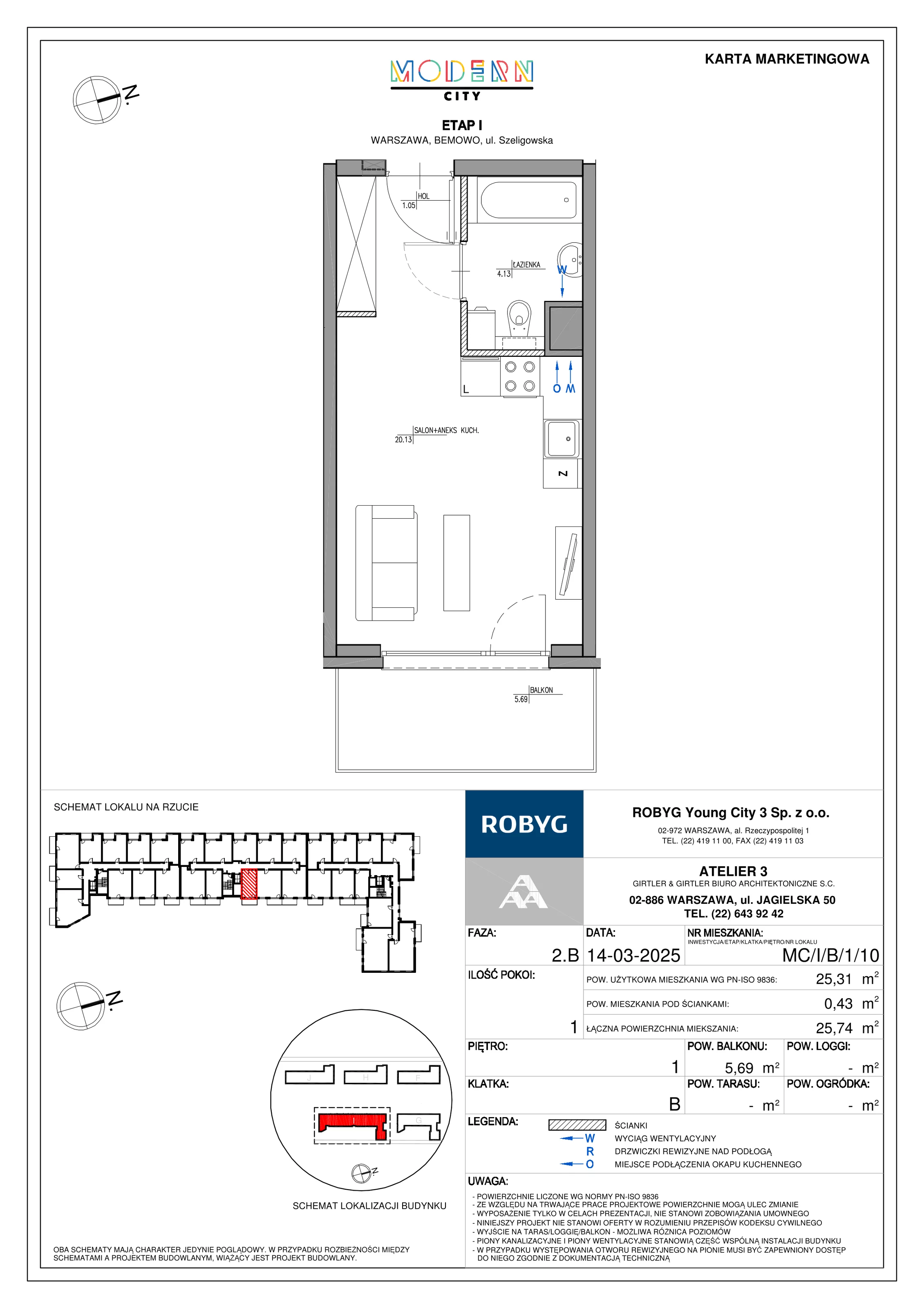 1 pokój, mieszkanie 25,31 m², piętro 1, oferta nr MC/I/B/1/10, Modern City etap I, Warszawa, Bemowo, Chrzanów, ul. Szeligowska