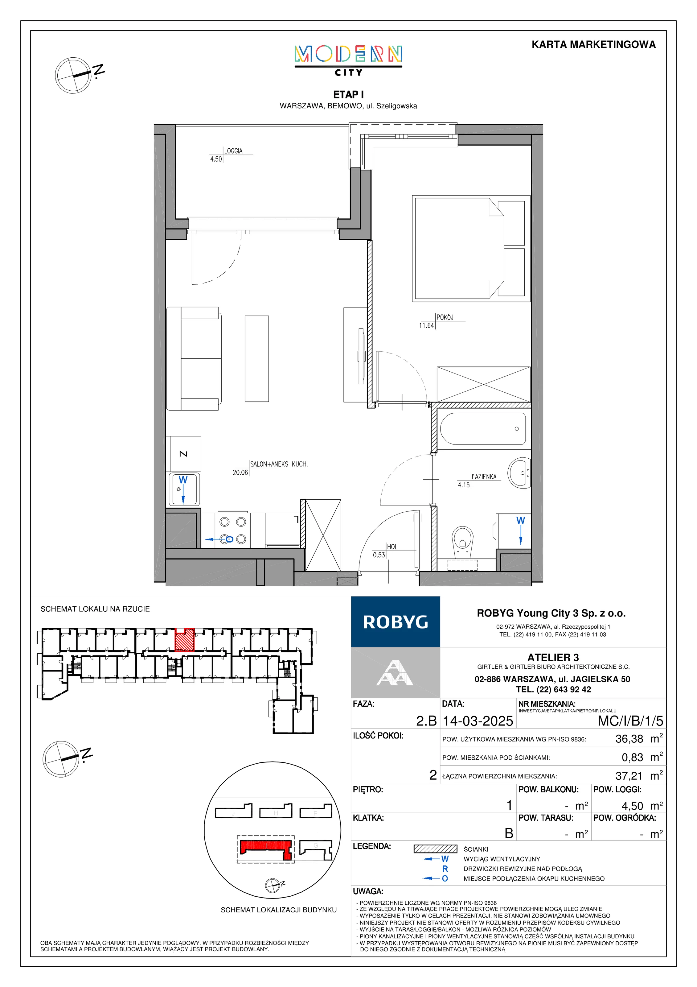 2 pokoje, mieszkanie 36,38 m², piętro 1, oferta nr MC/I/B/1/5, Modern City etap I, Warszawa, Bemowo, Chrzanów, ul. Szeligowska