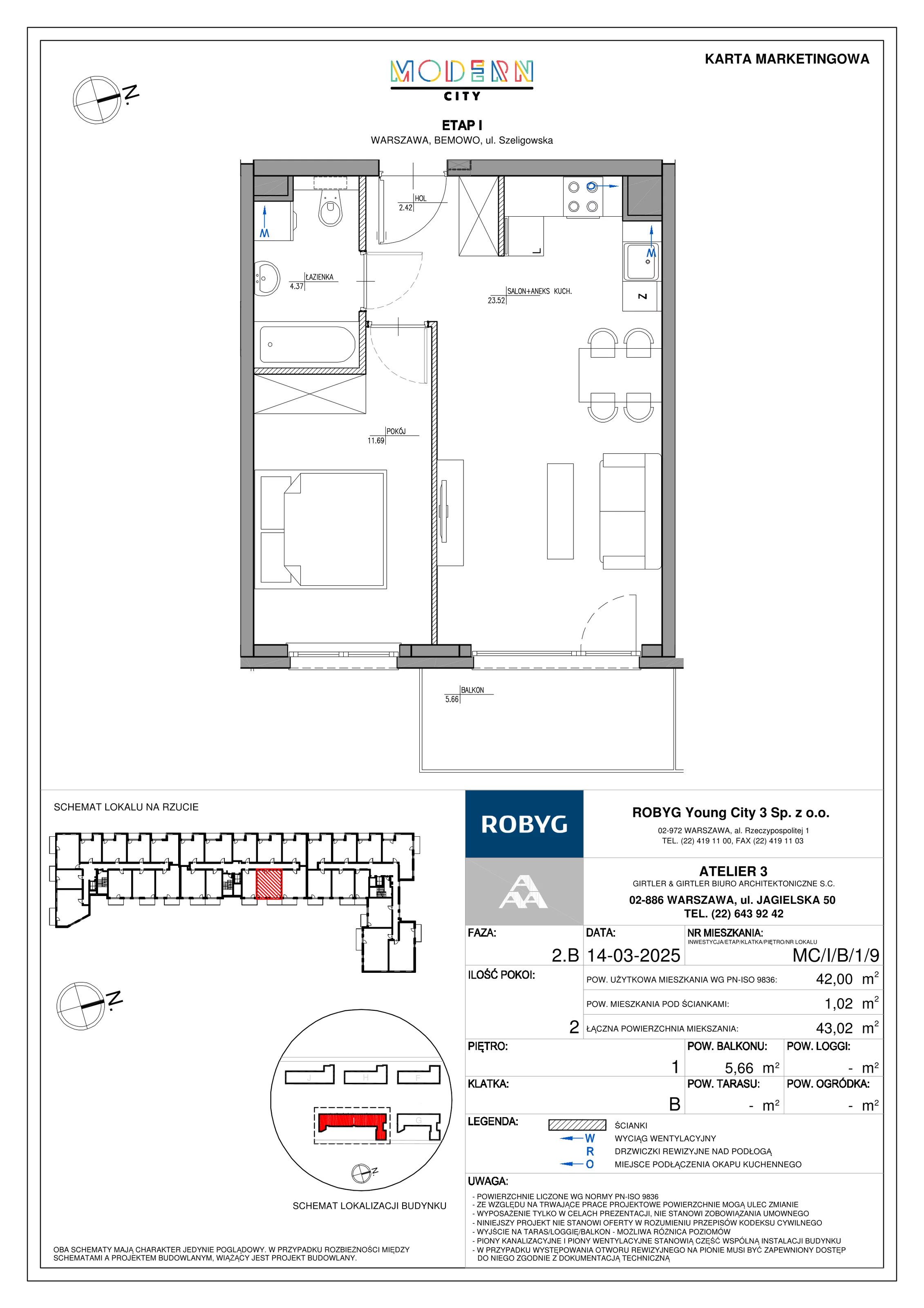2 pokoje, mieszkanie 42,00 m², piętro 1, oferta nr MC/I/B/1/9, Modern City etap I, Warszawa, Bemowo, Chrzanów, ul. Szeligowska