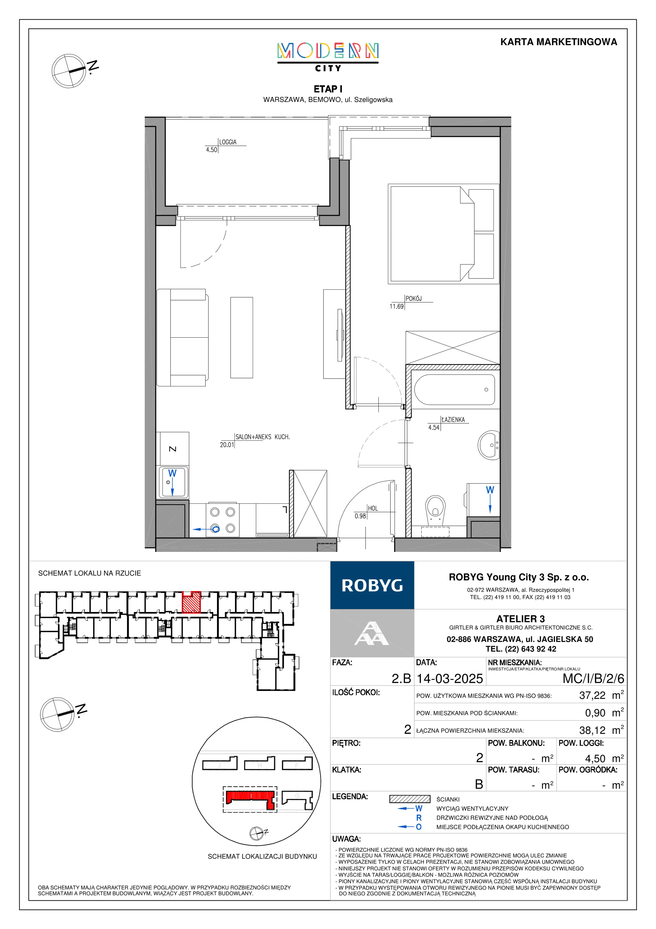 2 pokoje, mieszkanie 37,22 m², piętro 2, oferta nr MC/I/B/2/6, Modern City etap I, Warszawa, Bemowo, Chrzanów, ul. Szeligowska