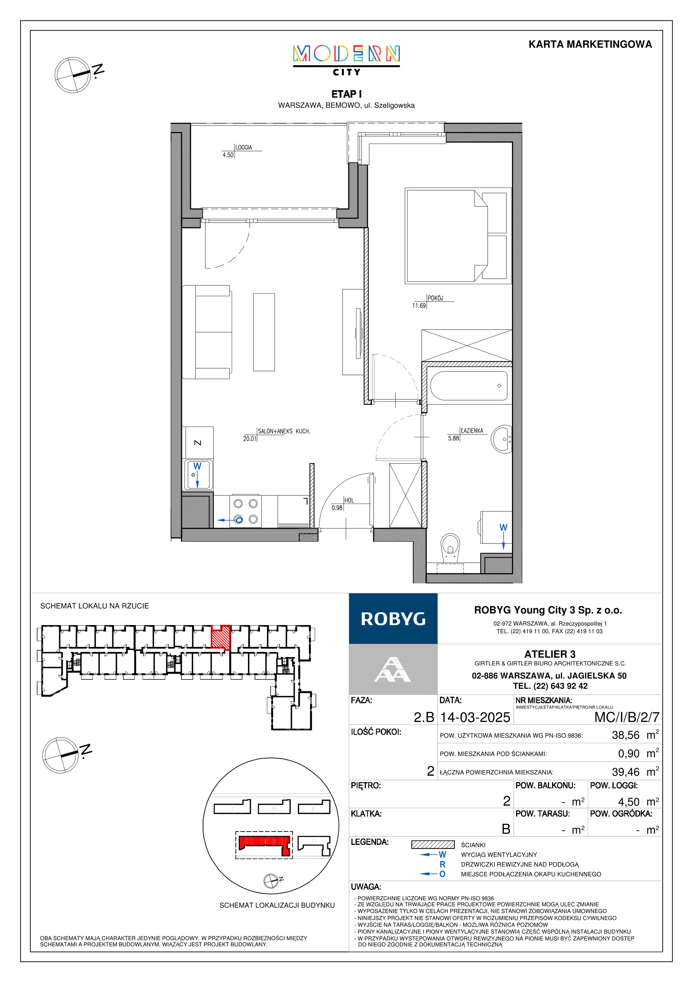 2 pokoje, mieszkanie 38,56 m², piętro 2, oferta nr MC/I/B/2/7, Modern City etap I, Warszawa, Bemowo, Chrzanów, ul. Szeligowska