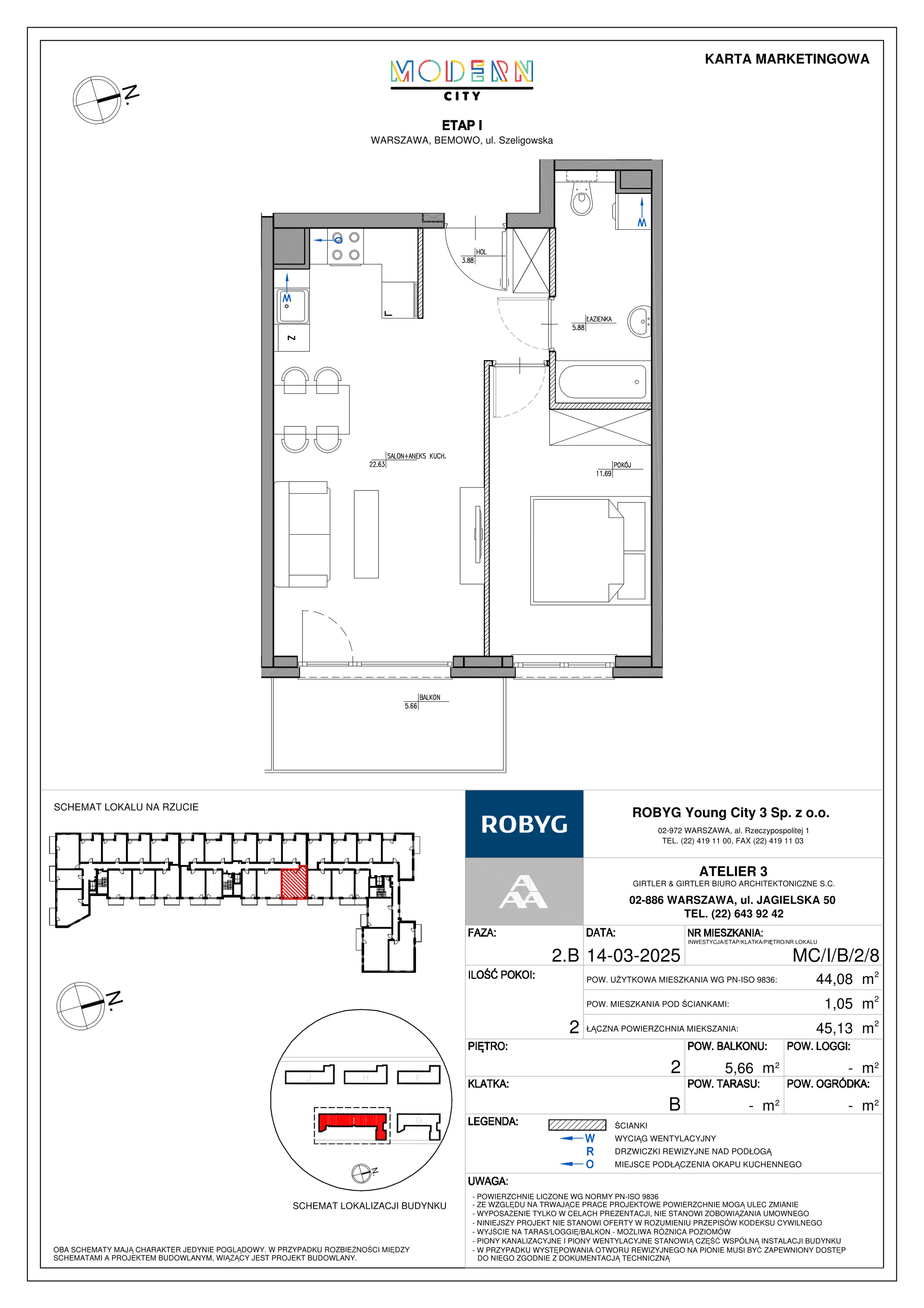 2 pokoje, mieszkanie 44,08 m², piętro 2, oferta nr MC/I/B/2/8, Modern City etap I, Warszawa, Bemowo, Chrzanów, ul. Szeligowska