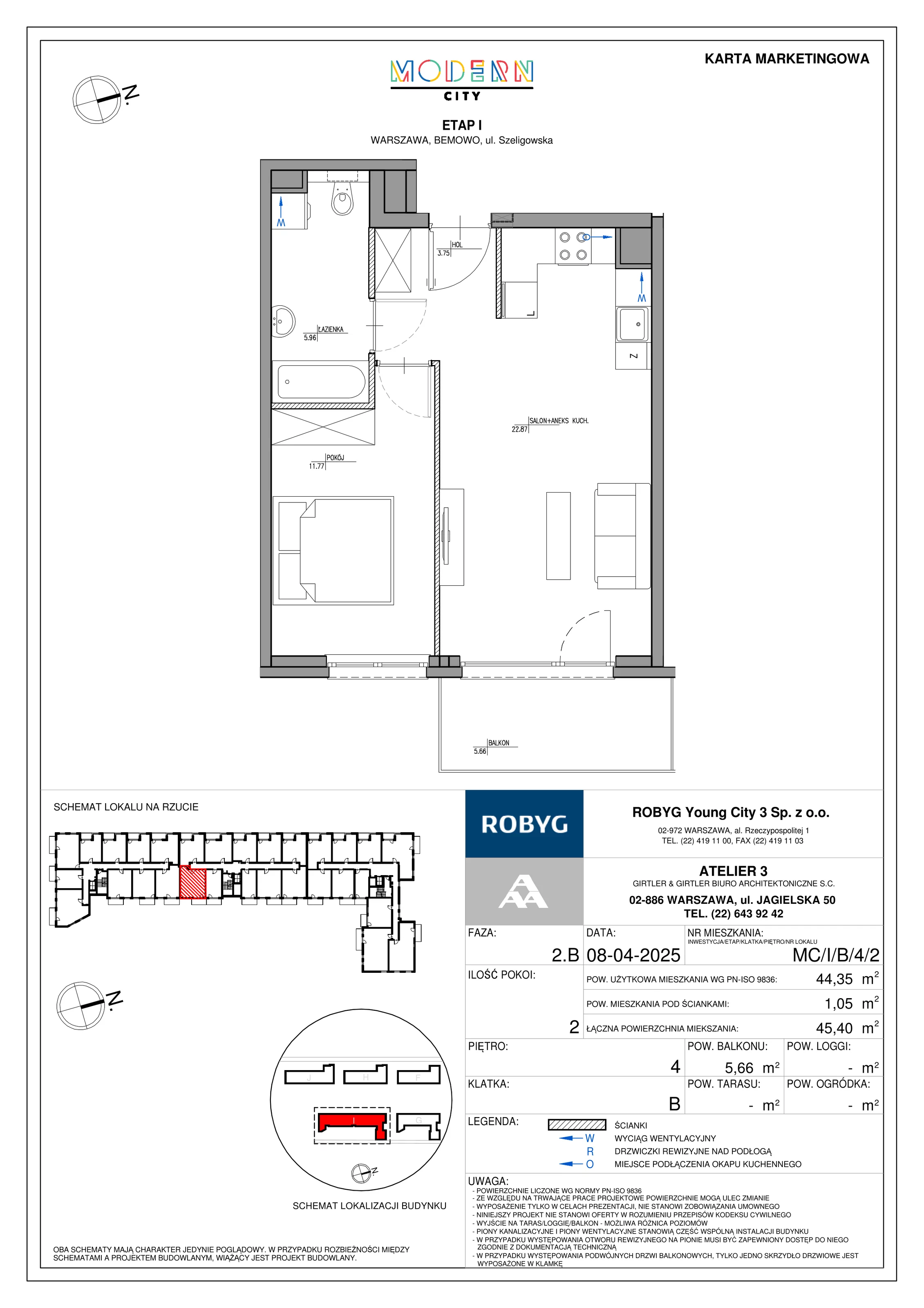 2 pokoje, mieszkanie 44,35 m², piętro 4, oferta nr MC/I/B/4/2, Modern City etap I, Warszawa, Bemowo, Chrzanów, ul. Szeligowska