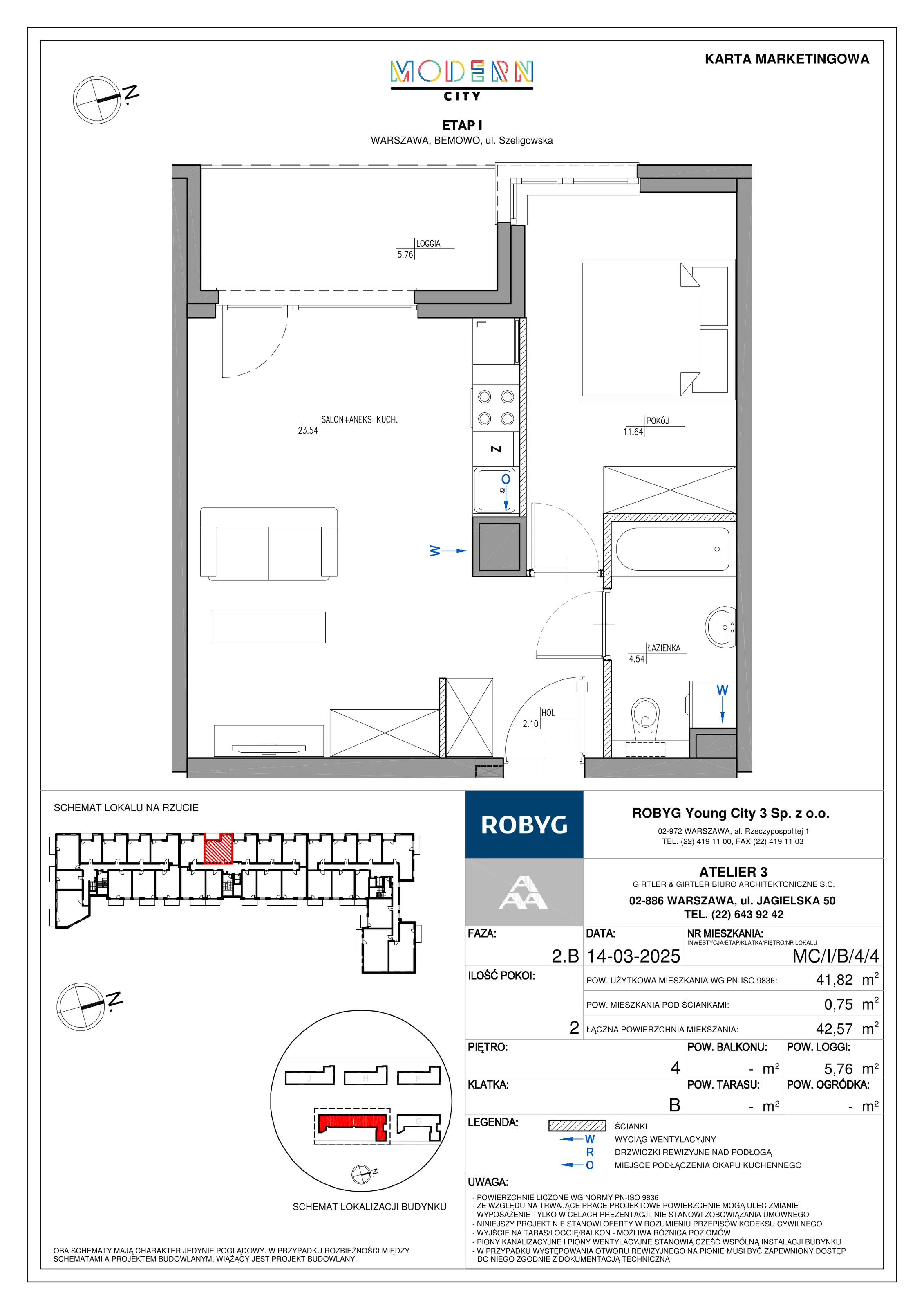 2 pokoje, mieszkanie 41,82 m², piętro 4, oferta nr MC/I/B/4/4, Modern City etap I, Warszawa, Bemowo, Chrzanów, ul. Szeligowska