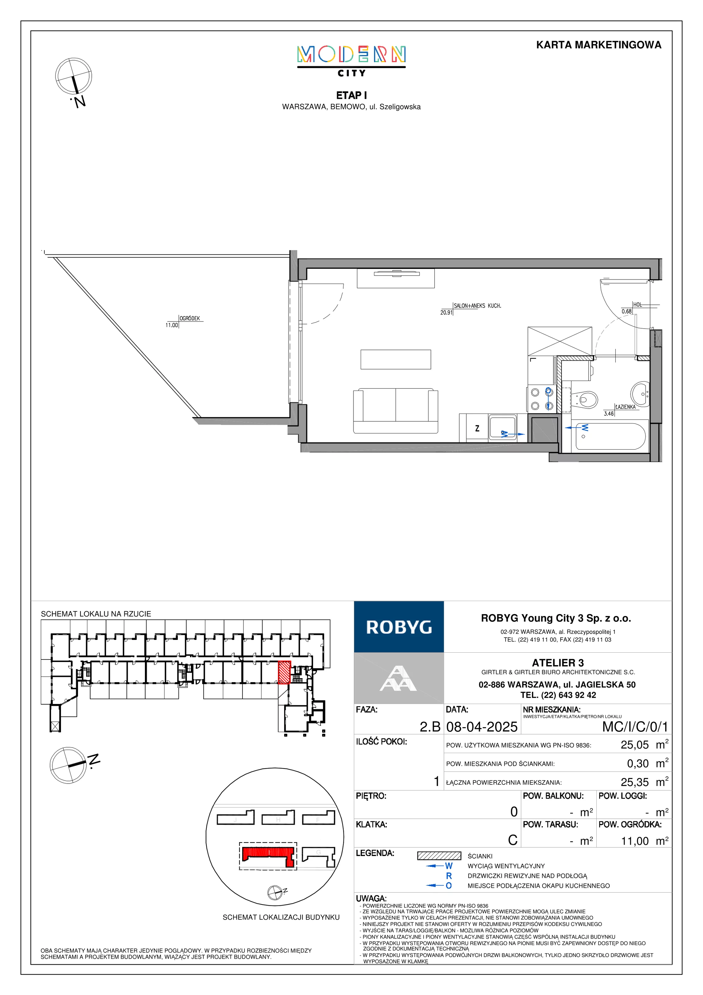1 pokój, mieszkanie 25,05 m², parter, oferta nr MC/I/C/0/1, Modern City etap I, Warszawa, Bemowo, Chrzanów, ul. Szeligowska