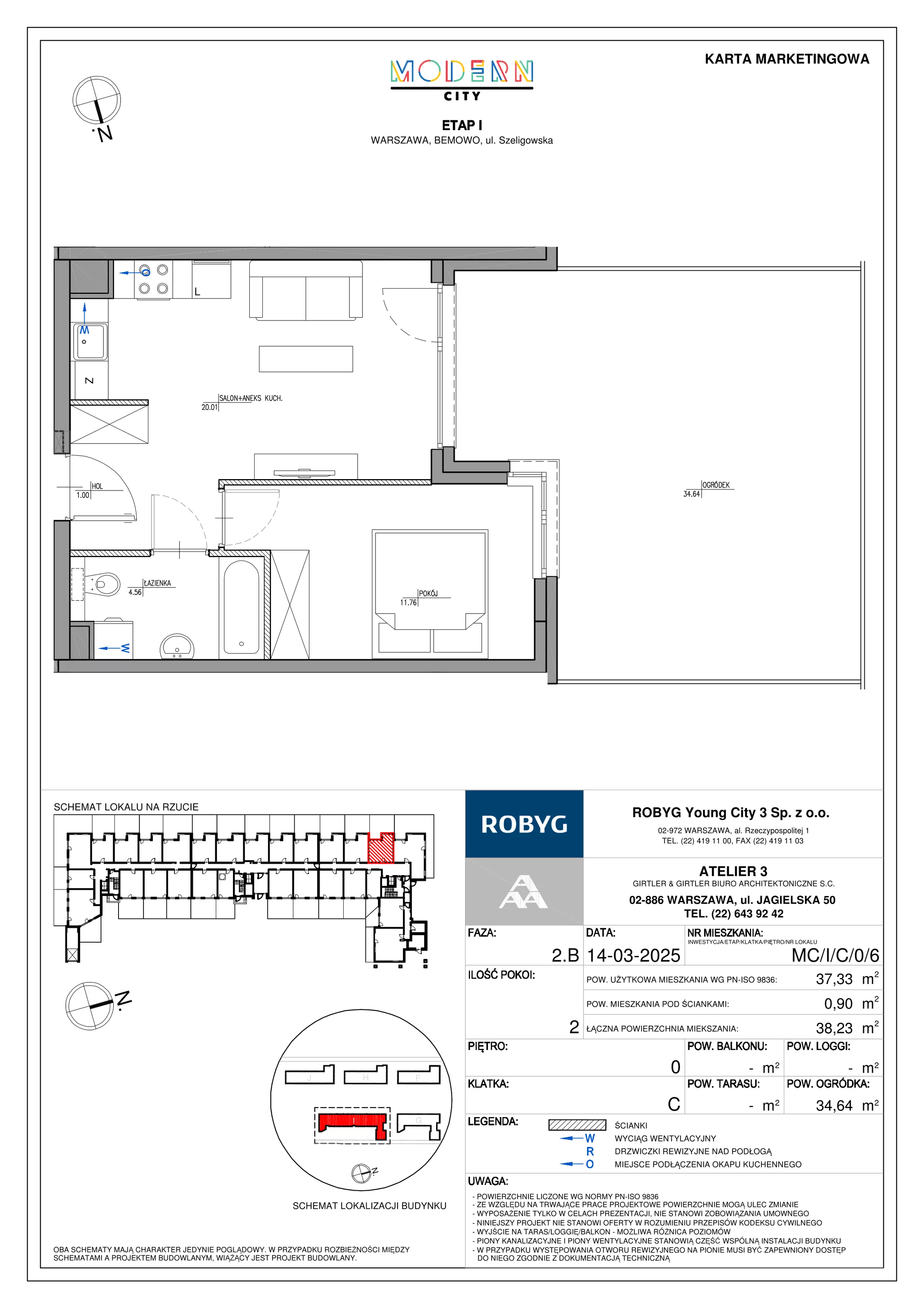 2 pokoje, mieszkanie 37,33 m², parter, oferta nr MC/I/C/0/6, Modern City etap I, Warszawa, Bemowo, Chrzanów, ul. Szeligowska