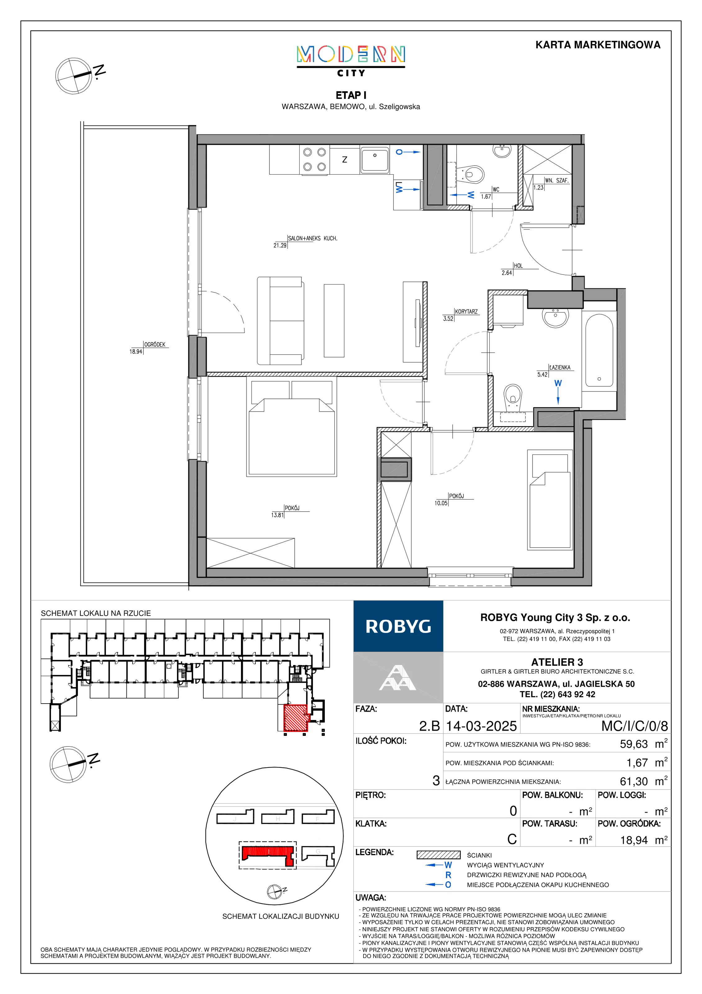 3 pokoje, mieszkanie 59,63 m², parter, oferta nr MC/I/C/0/8, Modern City etap I, Warszawa, Bemowo, Chrzanów, ul. Szeligowska
